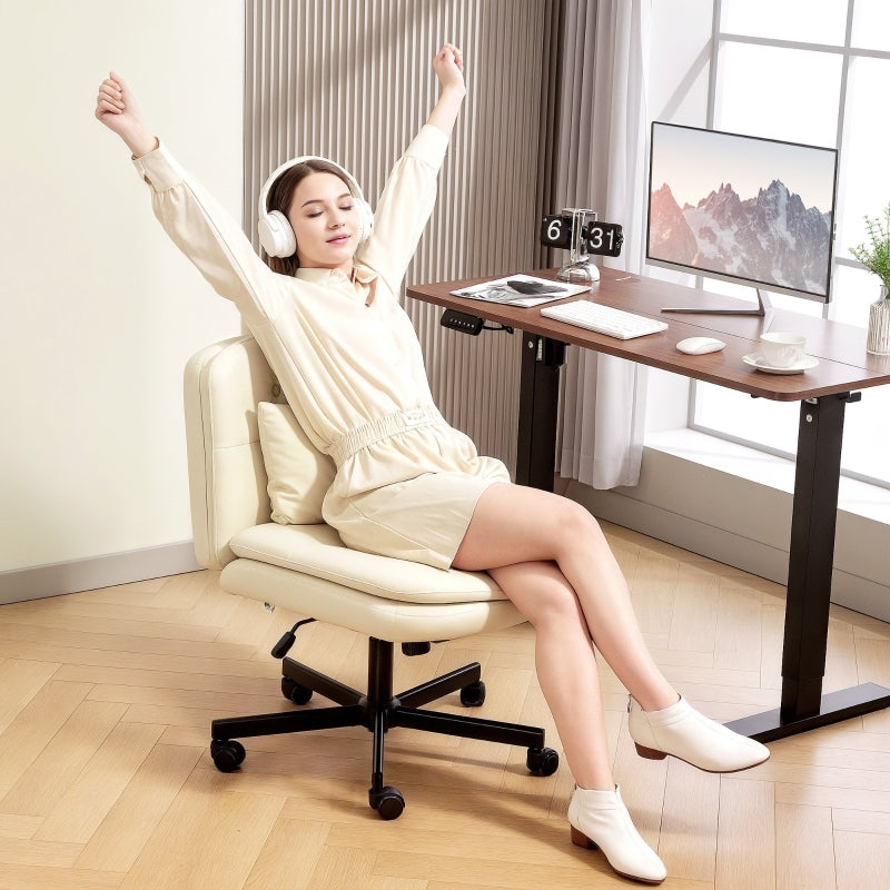 Armless Office Chair, Extra Cushion, Height Adjustable, Rollable, Faux Leather, Beige