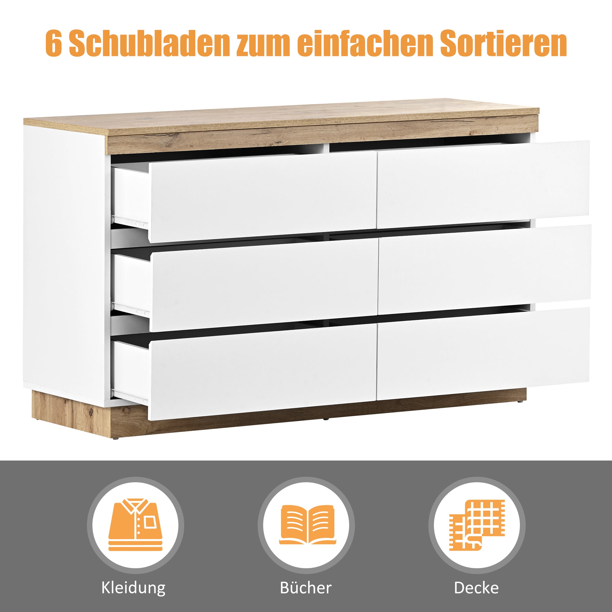 Chest of Drawers with 6 Drawers Lockable Storage for Bedroom & Living Room White/Oak E1 Chipboard