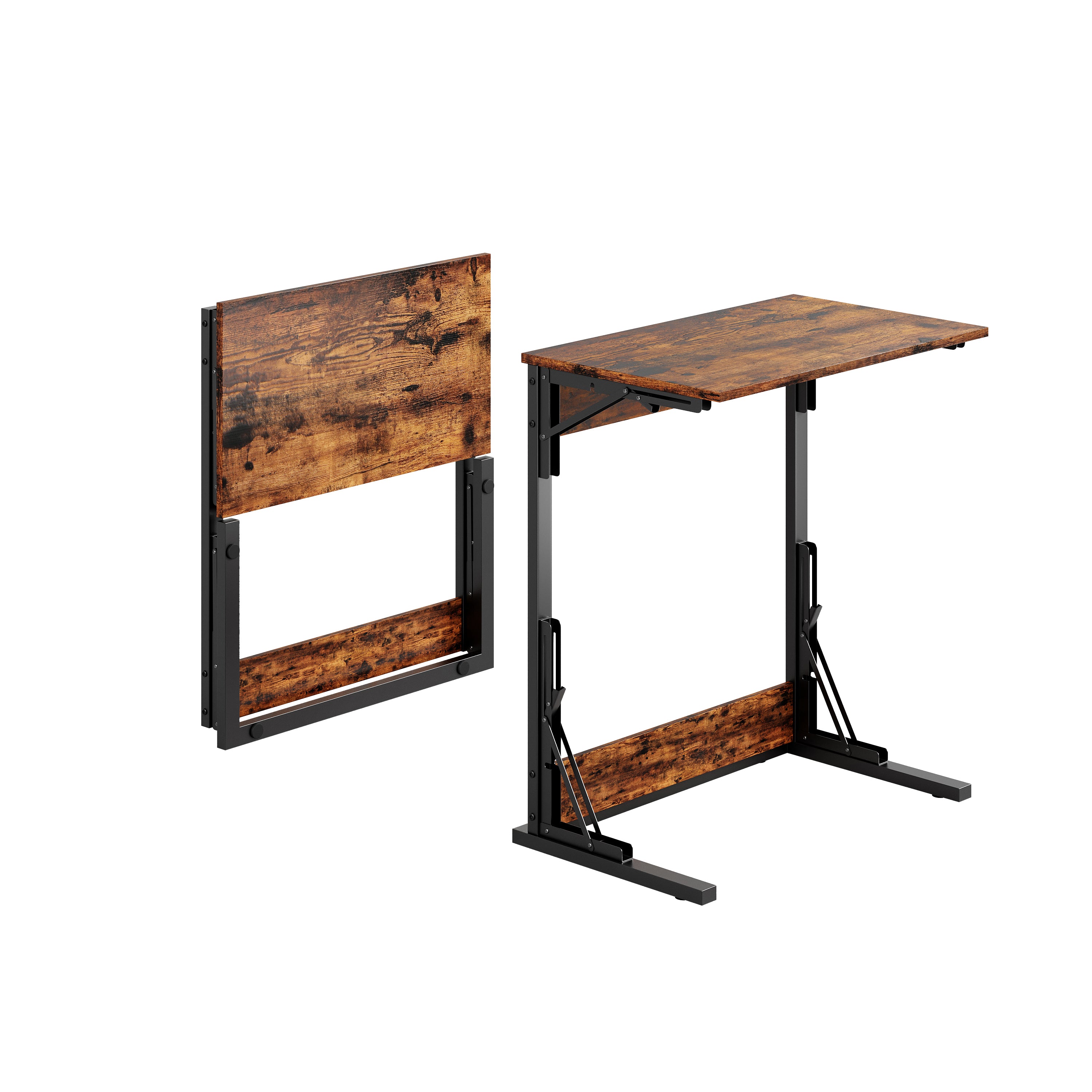 Set of 2 Foldable C-Shaped Side Tables with Metal Frame, Brown