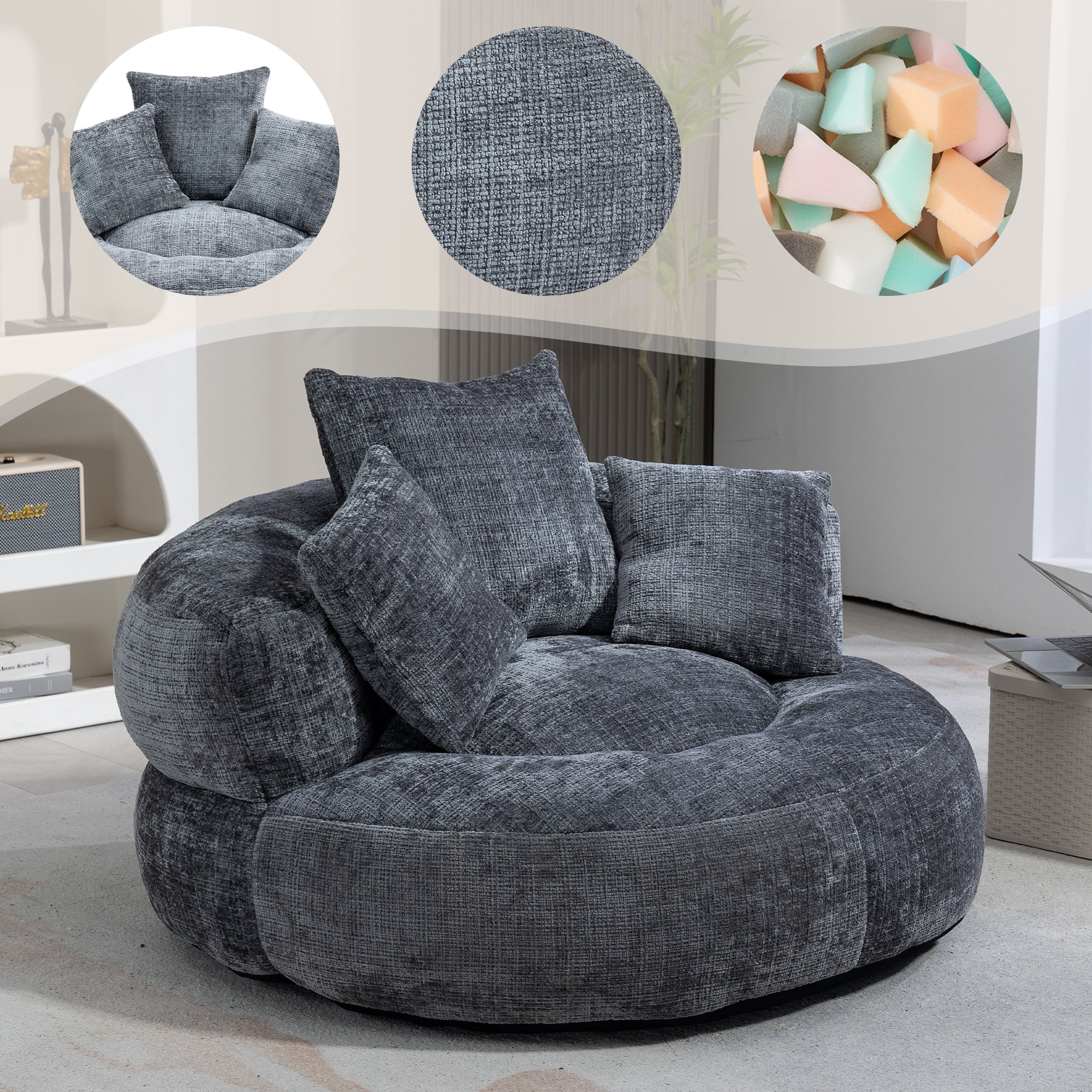 Lazy Sofa High Back Beanbag Chair Couch, Durable Comfort Indoor/Outdoor, Gray Chenille