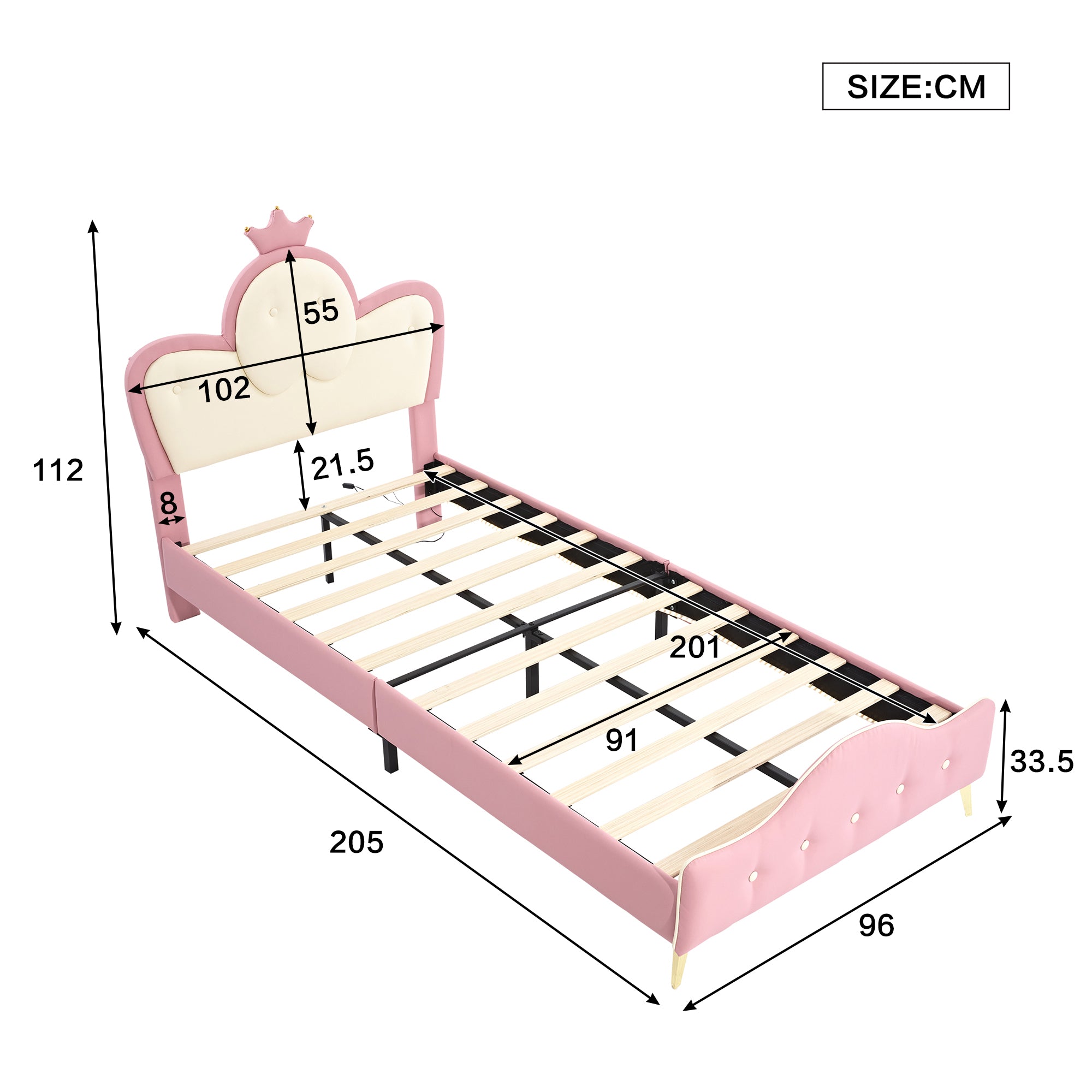 Upholstered Children's Bed with Crown Headboard, LED Strip, PU, Pink + White