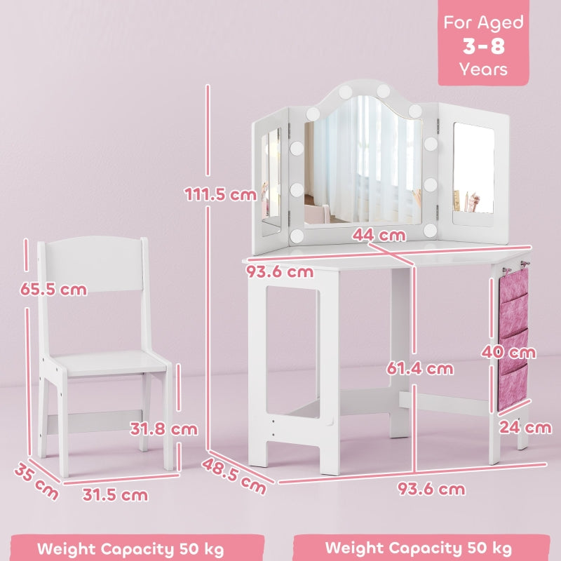 Kids Dressing Table and Stool Set with 2-Colour LED Lights Tri-Folding Mirror, White
