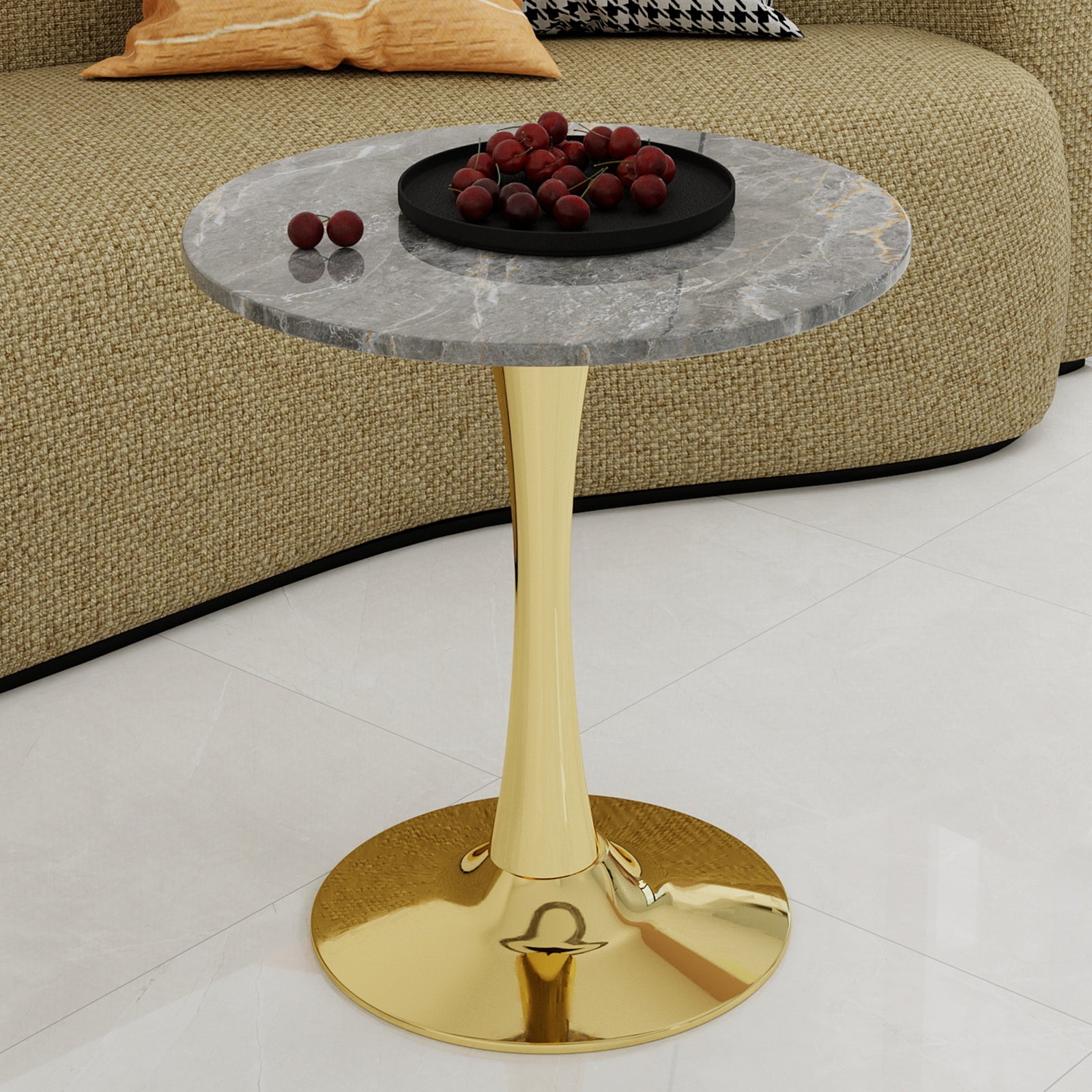 Mid-Century Modern Coffee Table Round Marble Top 27.6-inch - Gold/Gray