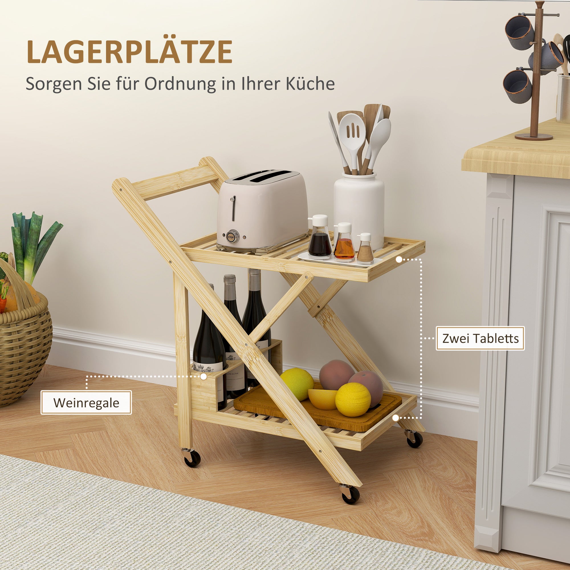 Kitchen Cart with Wine Rack, 2-Level Rolling, Bamboo Natural