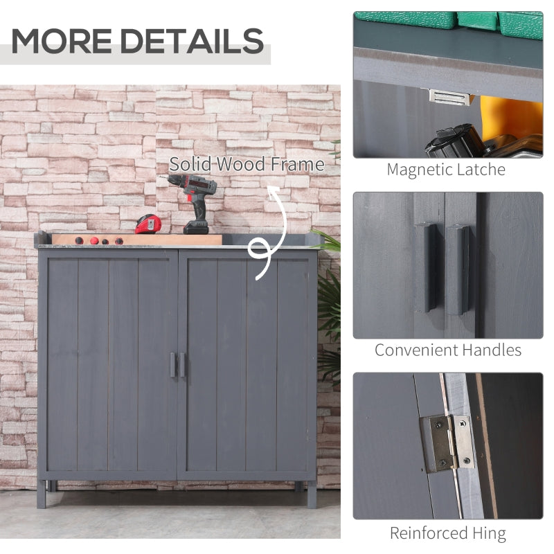 Garden Storage Cabinet Potting Bench with Galvanized Top and Two Shelves, Grey