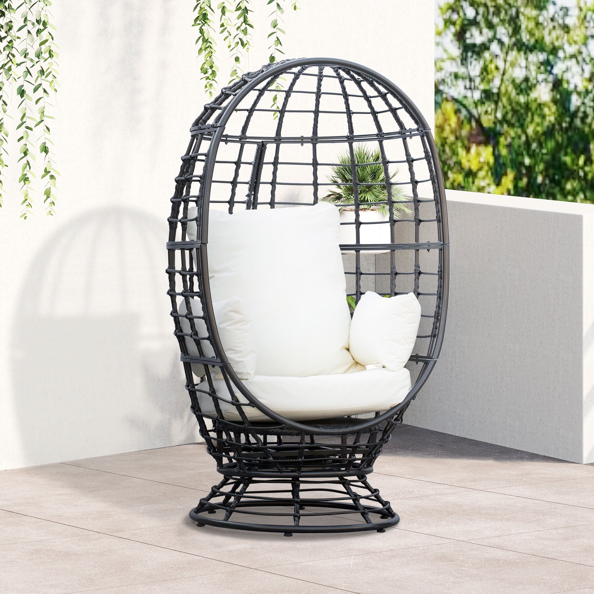 360° Swivel Egg Chair Rattan Garden Patio Chair with Cushion Black