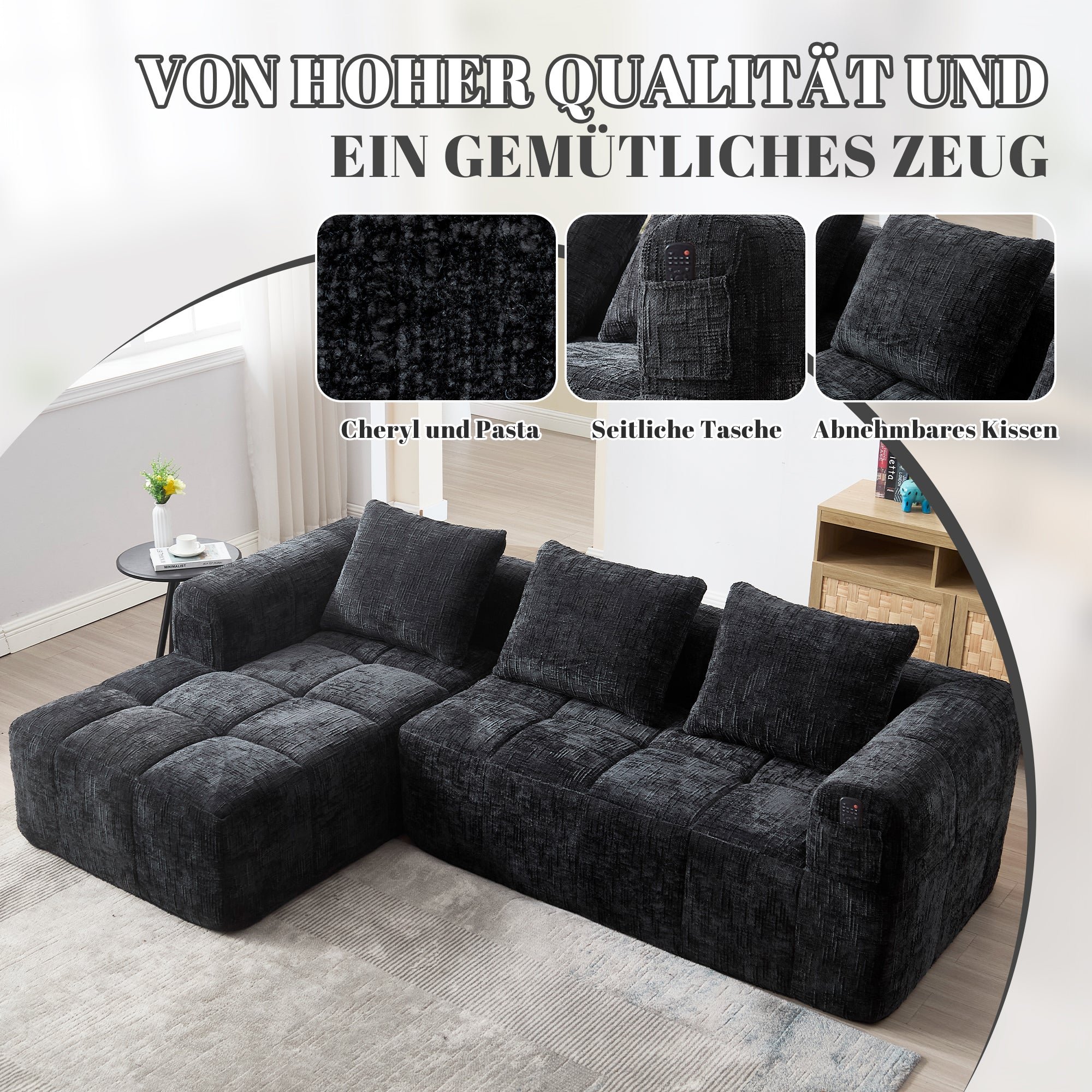 Modern Sectional Sofa L-Shaped 3-Seater Chaise Lounge, Chenille Black