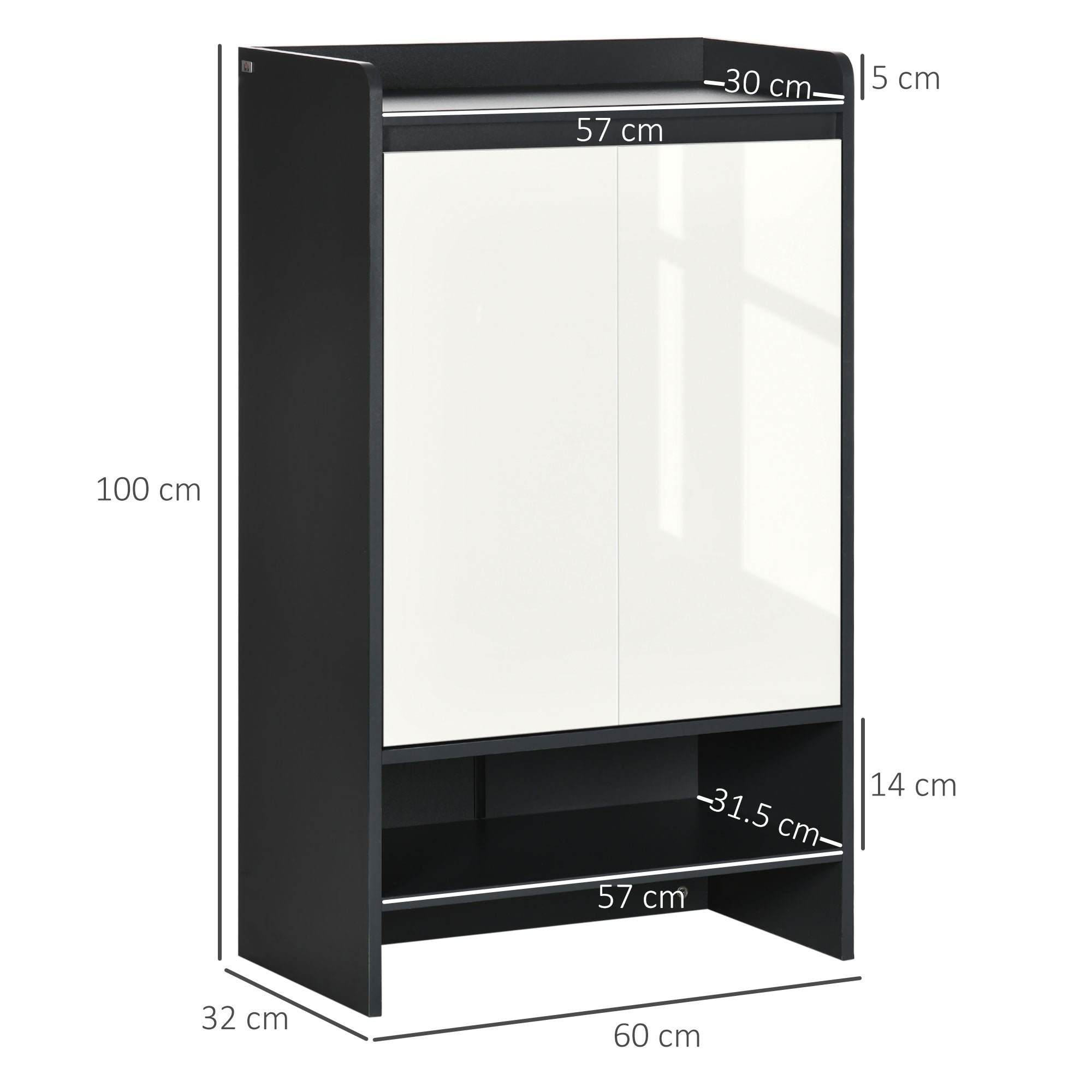 High Gloss Shoe Cabinet, 15 Pairs Storage White Doors Open Shelves, Grey