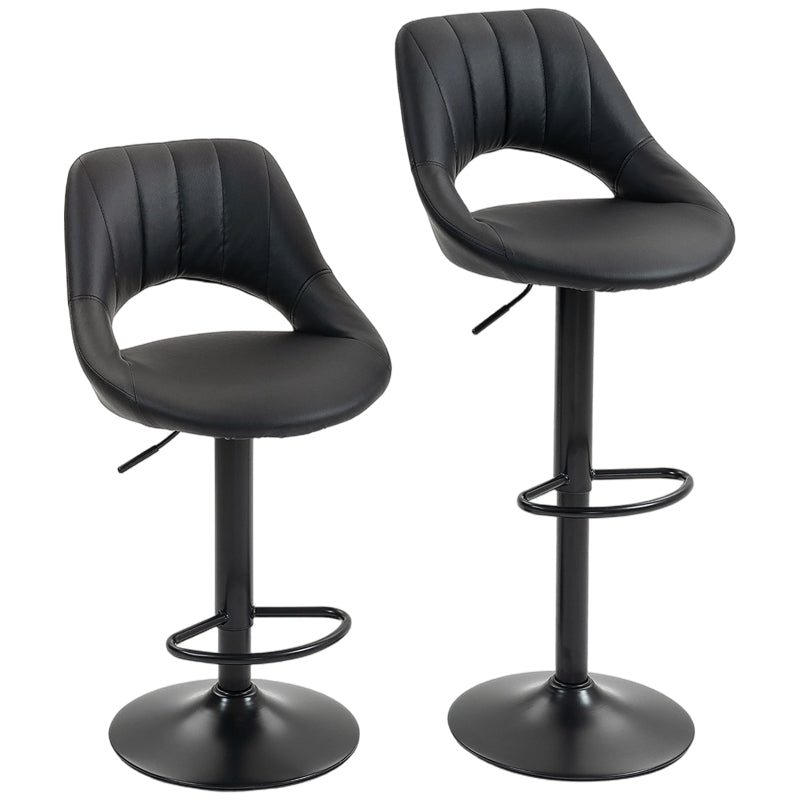 Set of Two Bar Stools, Adjustable Swivel Padded Seat, Faux Leather Black