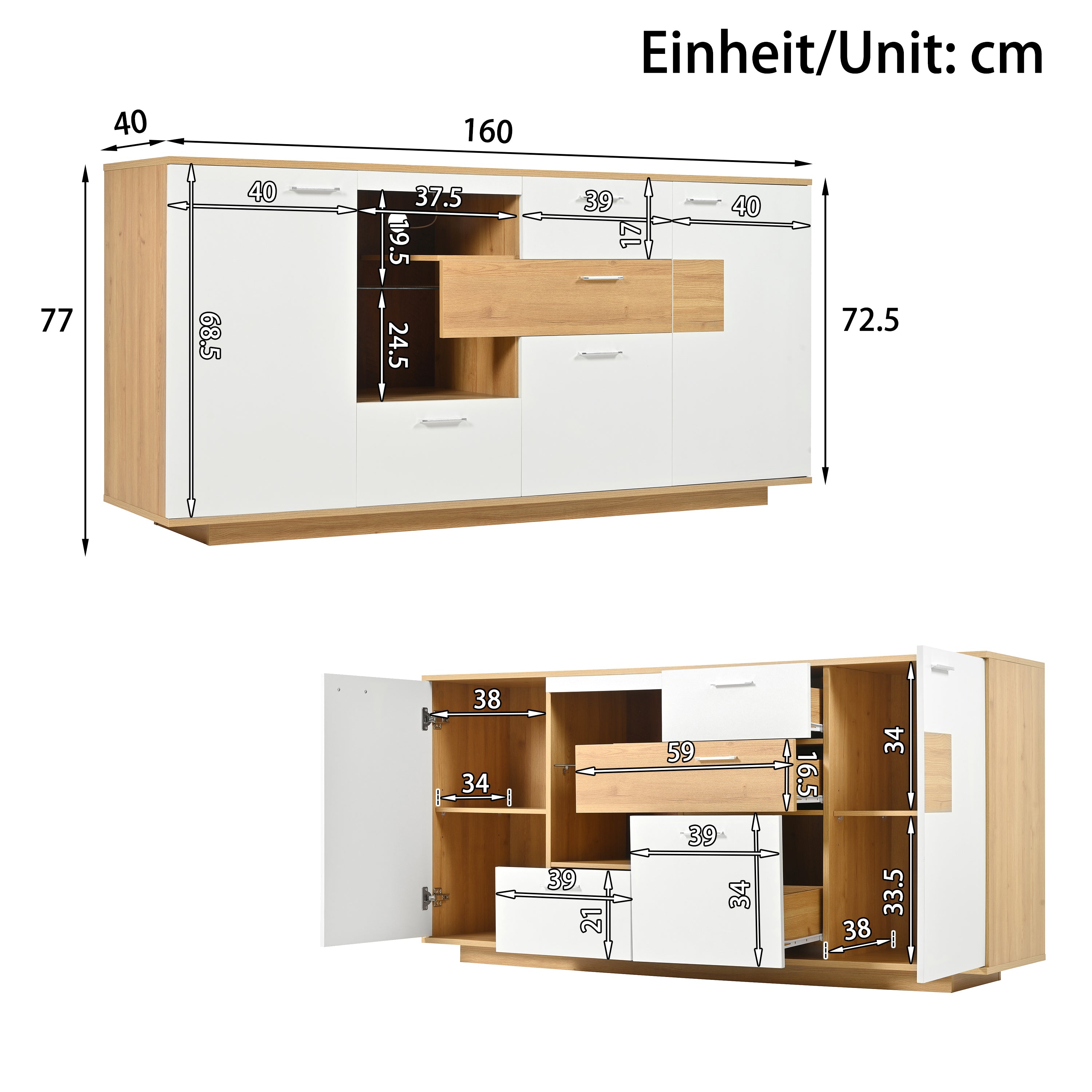 Sideboard Cabinet, 160x40x77cm, LED Lighting, 2 Doors, 4 Drawers, Glass Shelf, White Wood Look