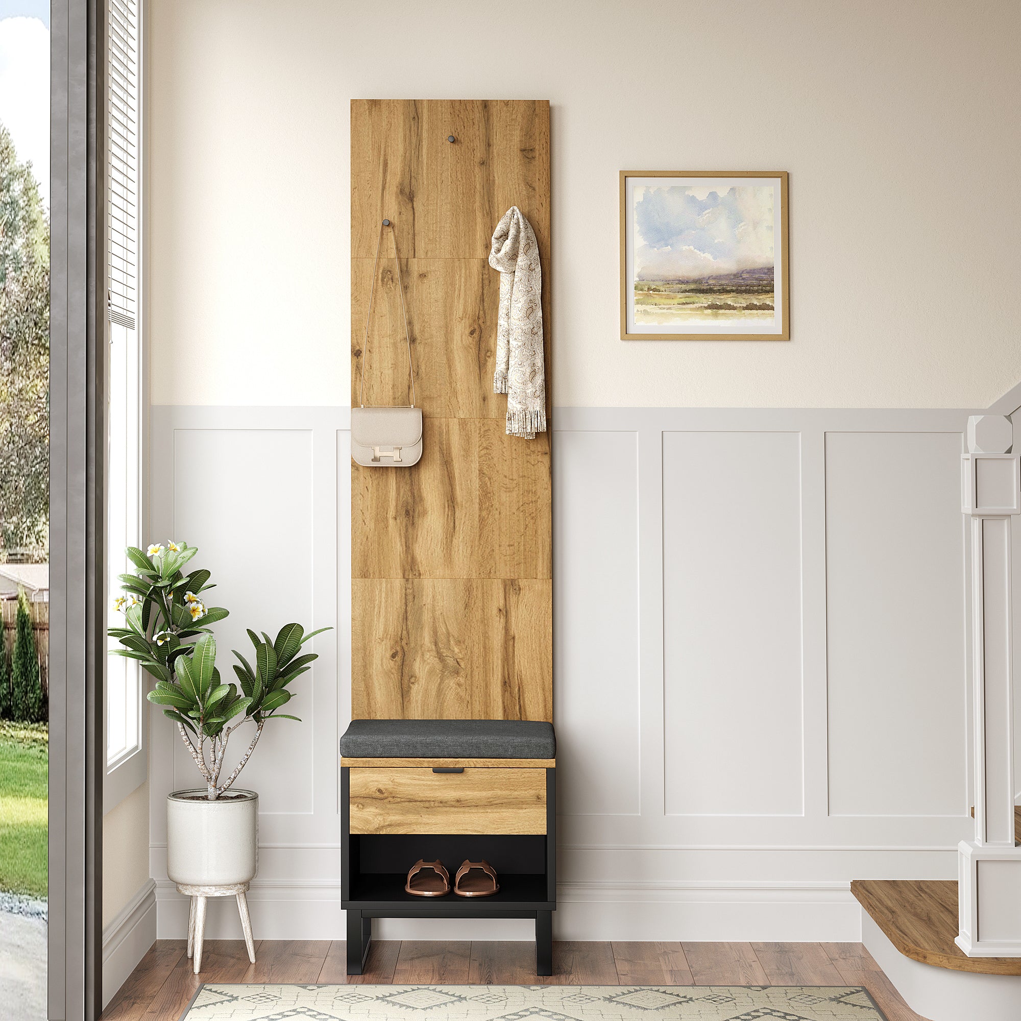 Wardrobe set with shoe stool, cushion, hanging accessories, and drawers