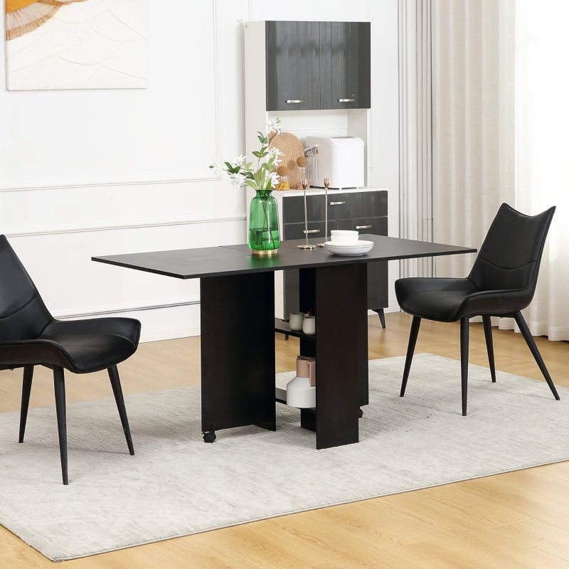 Foldable Dining Table, Extendable Drop Leaf with 2-tier Shelves and Casters, Black Engineered Wood