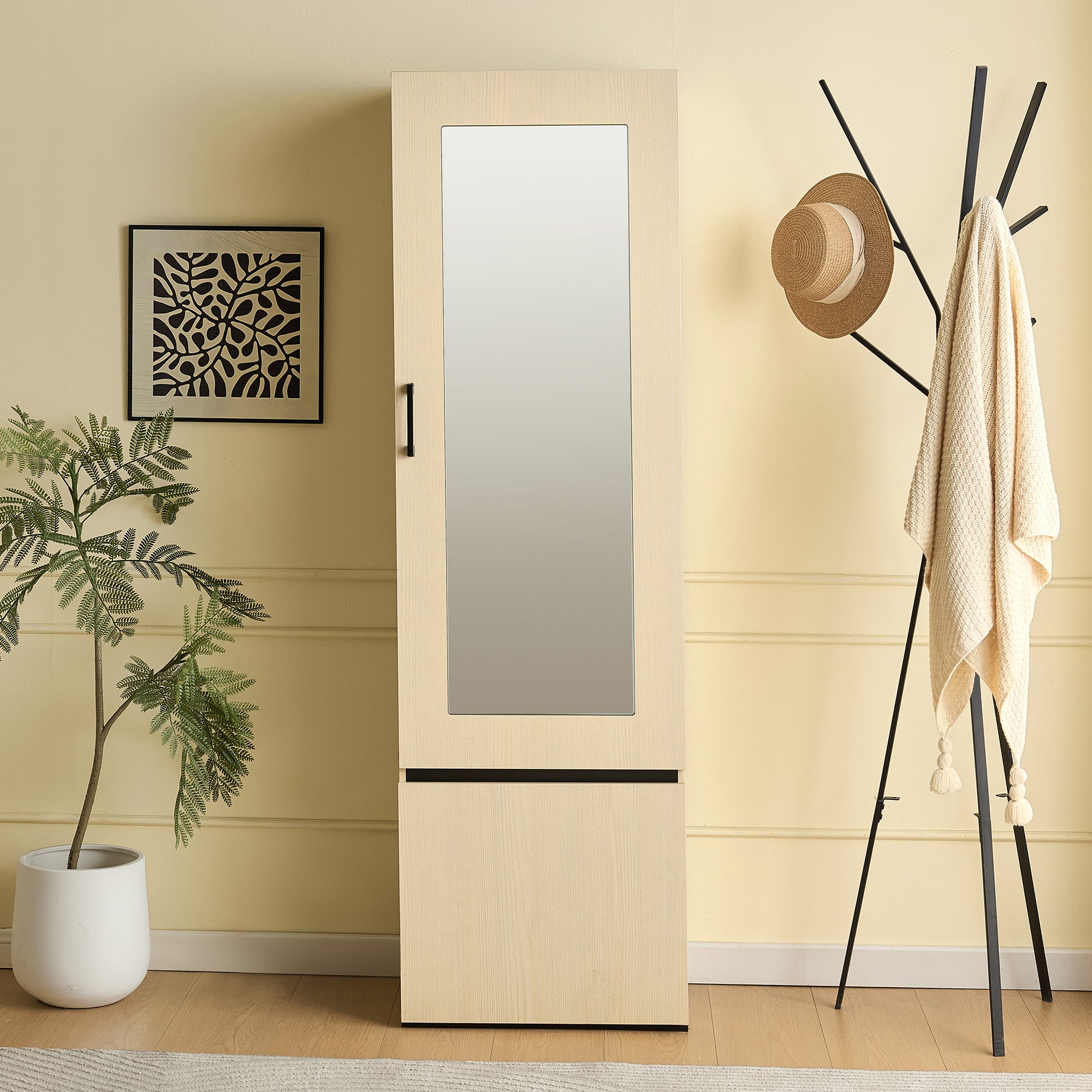 Wardrobe Narrow, Mirror & Pull-Out Rail, Space-Saving MDF