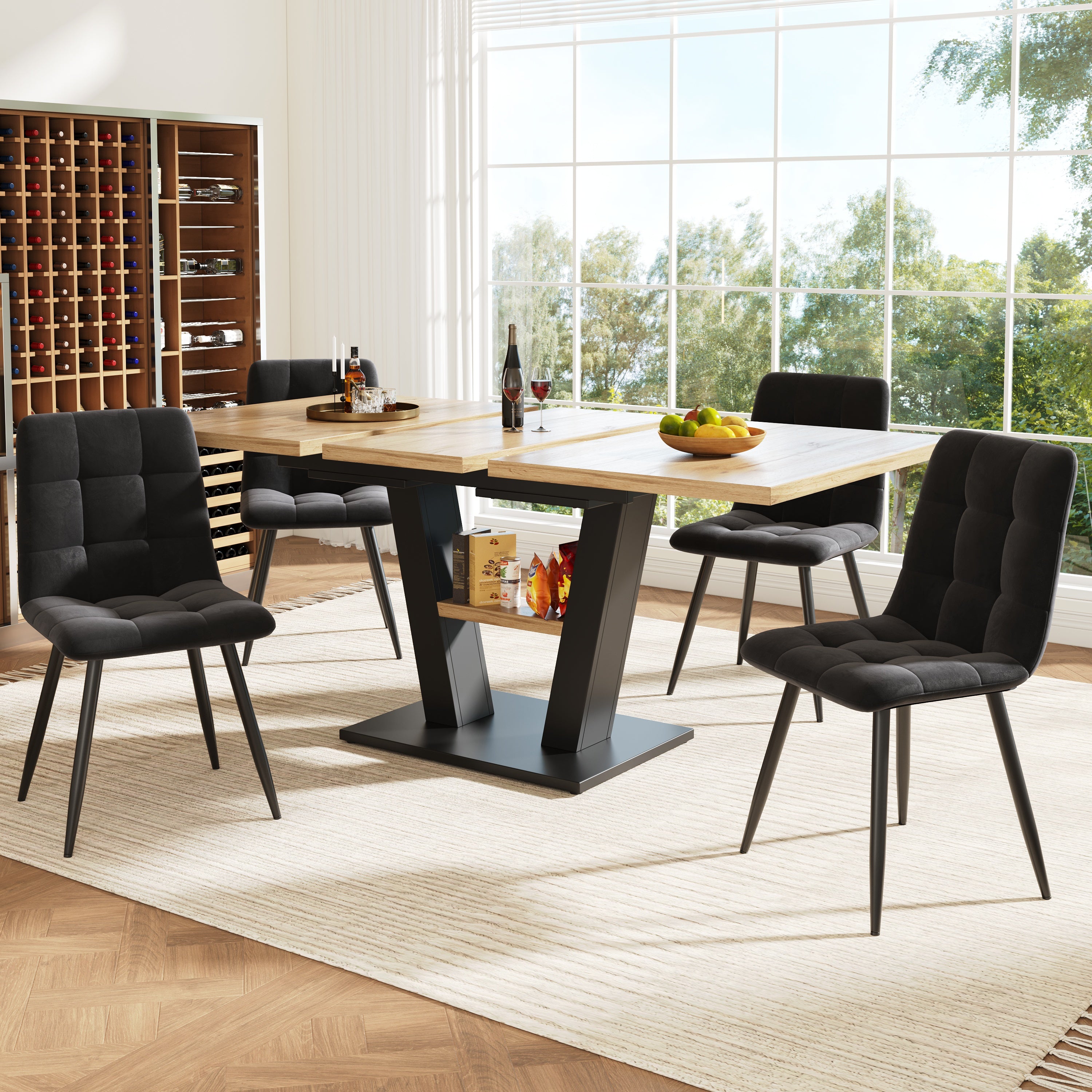 Dining Table Set, 5-Piece Extendable 118–157x70cm V-Legs, Velvet