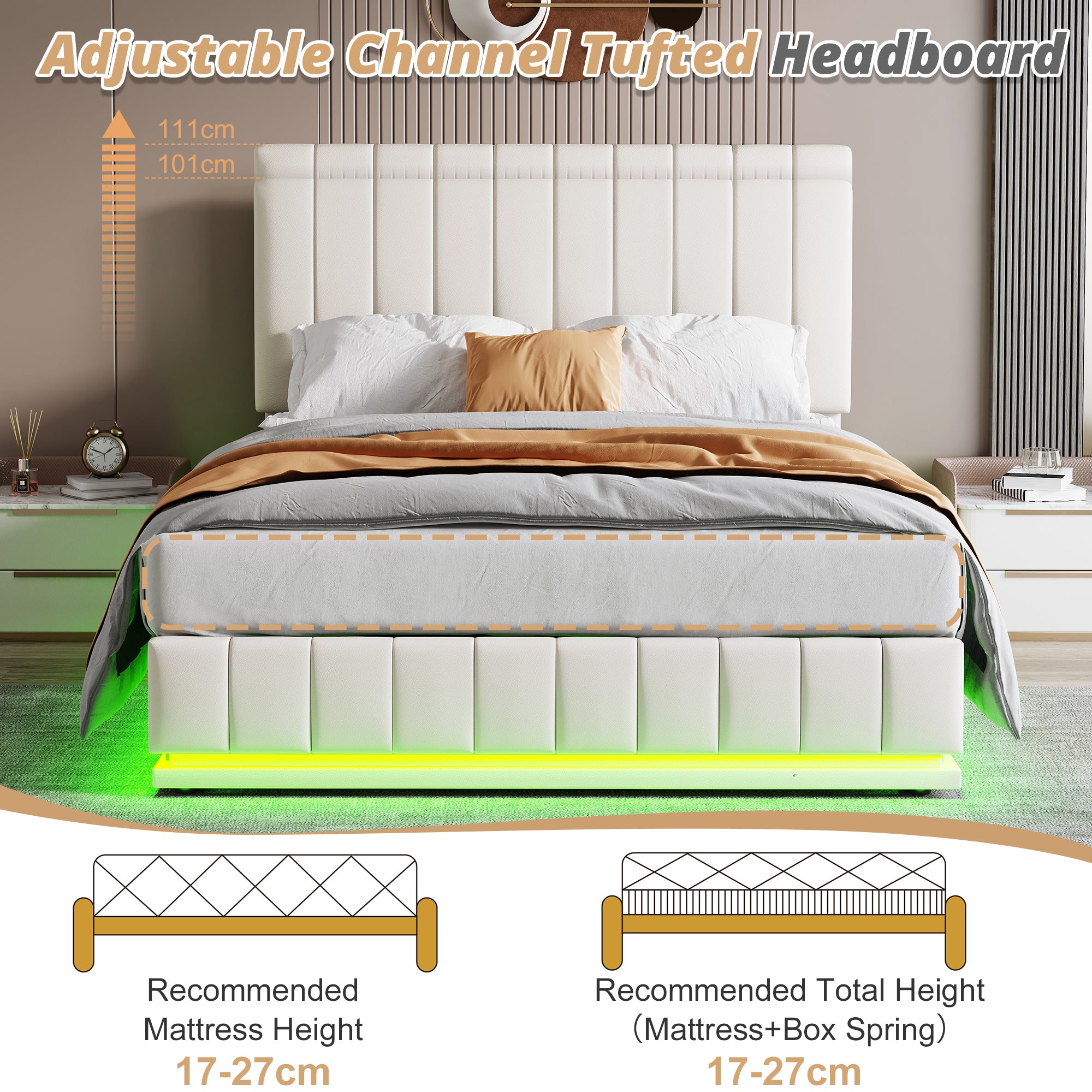 Ottoman King Bed with LED, Hydraulic Storage, PU Leather Cream White