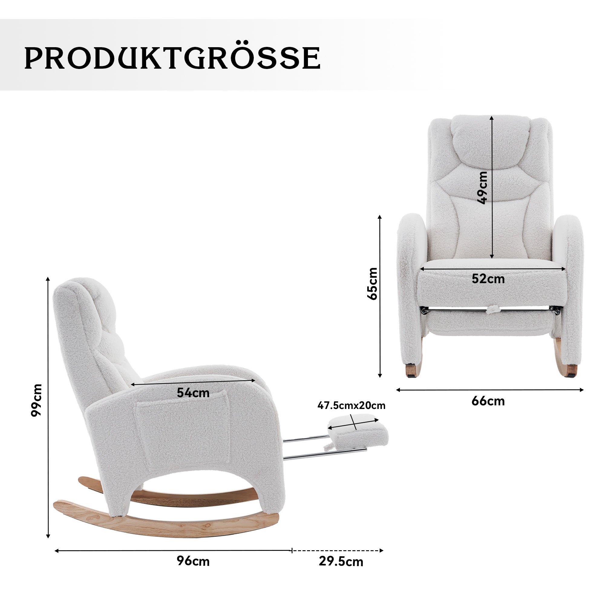 052 Rocking Chair, Upholstered with Armrest, 110 kg, White Teddy Fabric