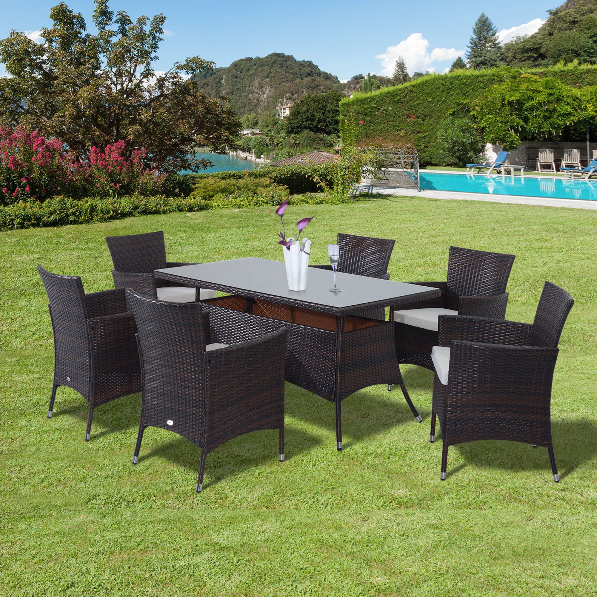 6 Seater Dining Set, 6 Armchairs Rectangular Glass Top Table with Cushions, Rattan Brown