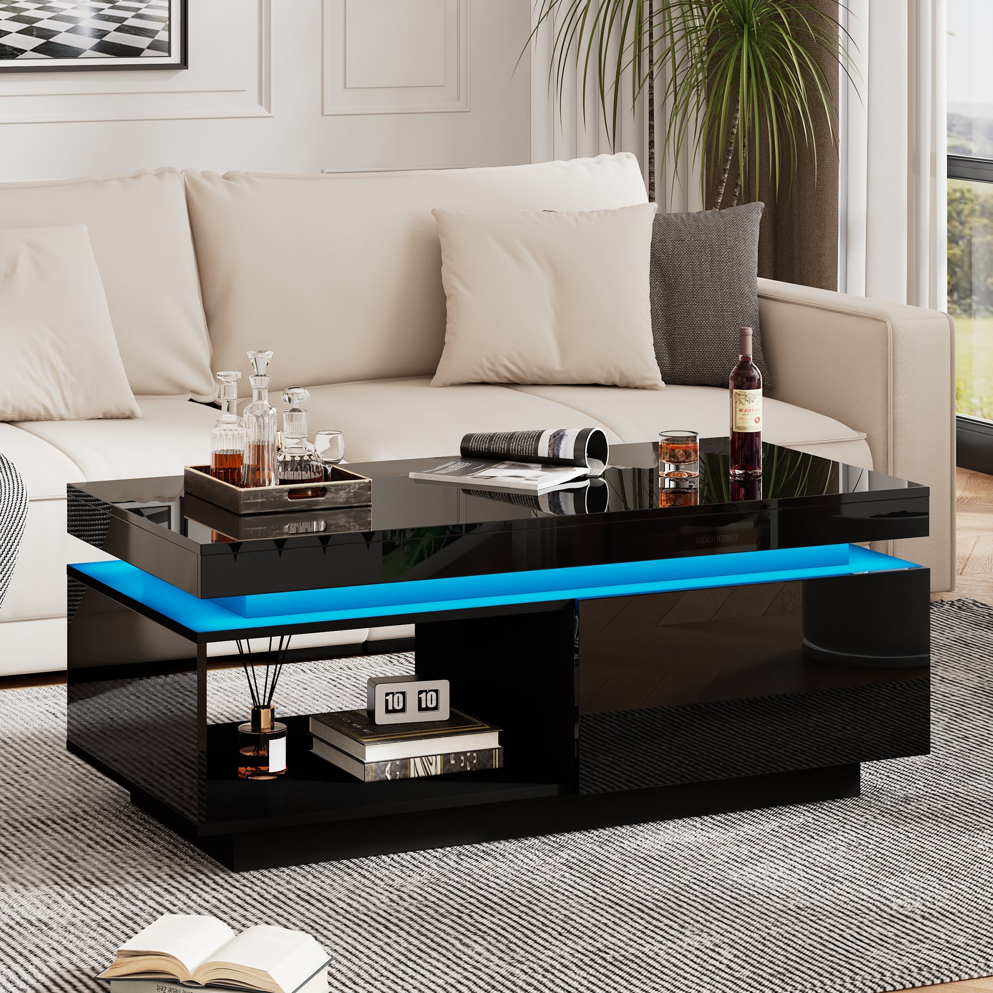 Coffee Table LED Lighting Drawer 100x50x40.3cm High-Gloss