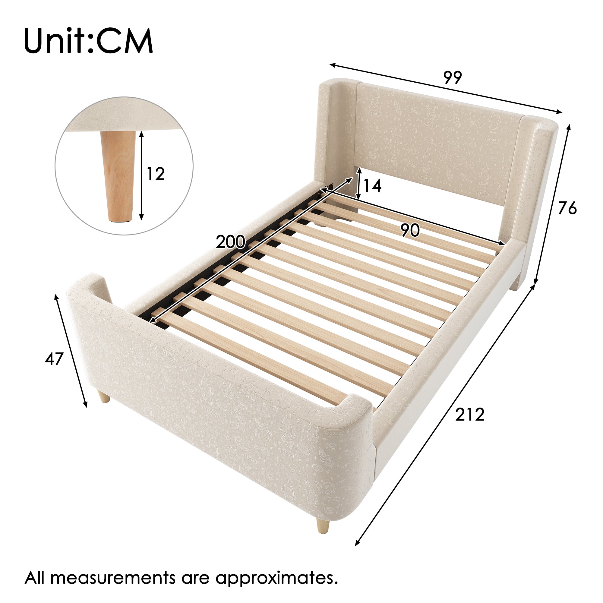 Upholstered Children's Bed, Single Sleigh with Cosmic Pattern, Beige Velvet