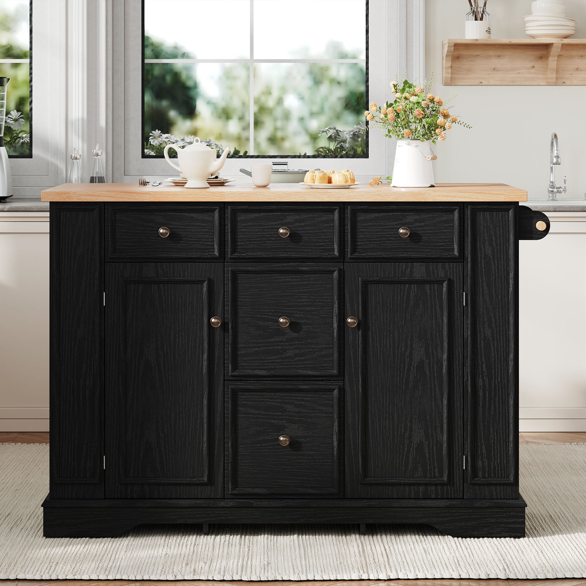 Extendable Kitchen Island with Drawers, Shelves & Power Strips - Black