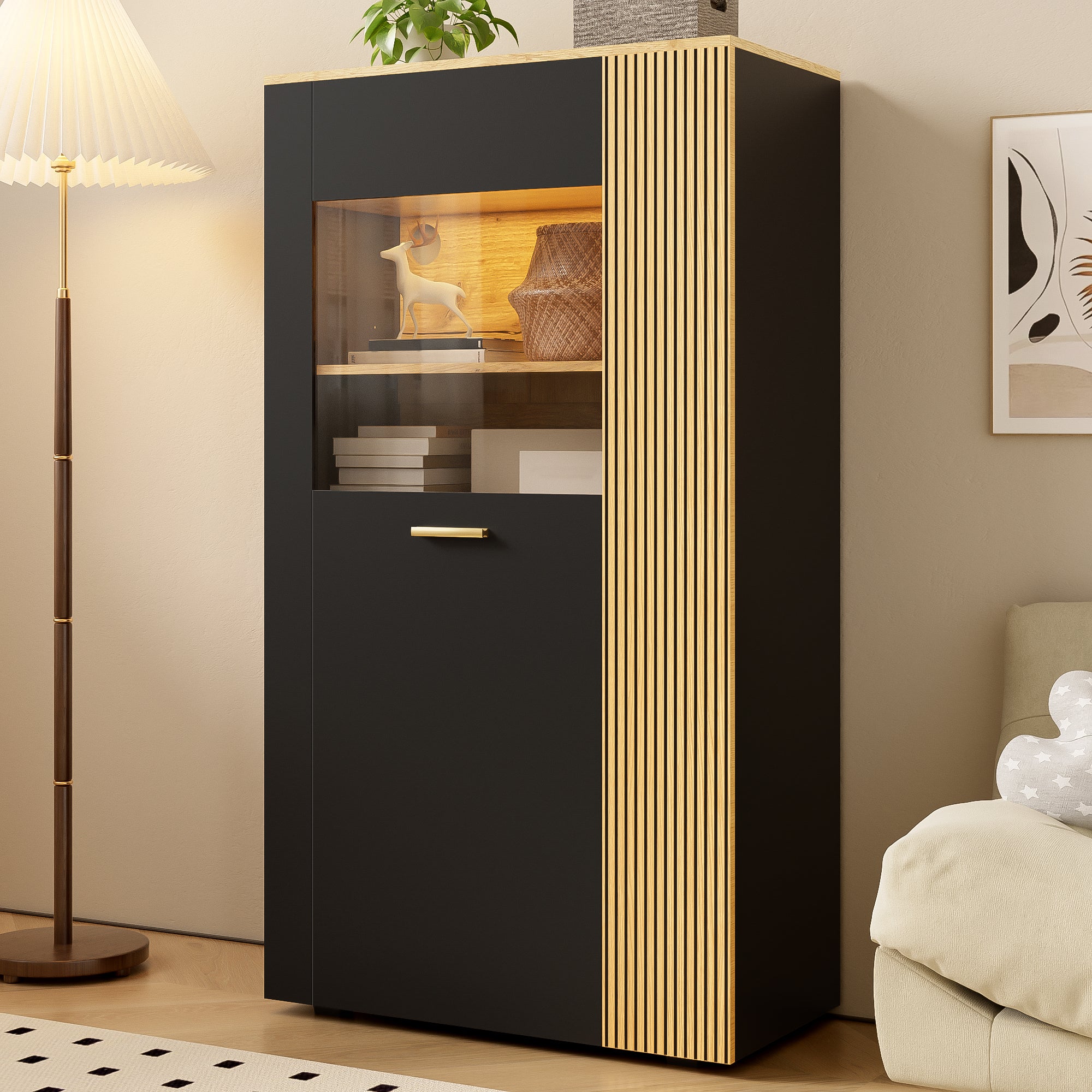 Modern Storage Cabinet, 16-Color LED Lights, Adjustable Shelves, Cable Management, PB with Glass Doors