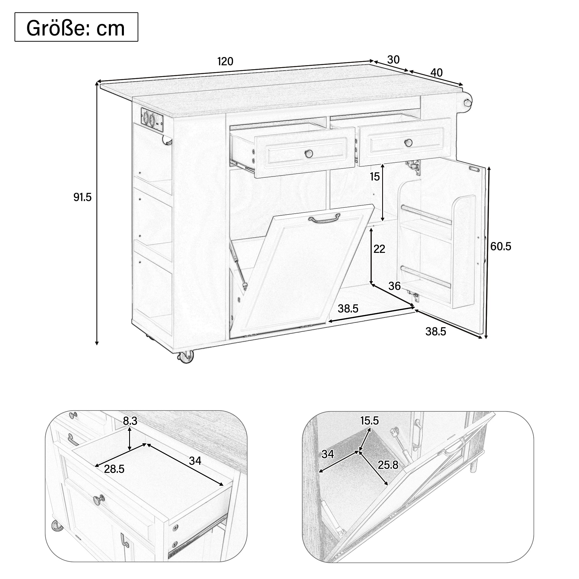 Kitchen Island Mobile Extendable Dining Table Waste Bin Towel Rack Power Strips - White