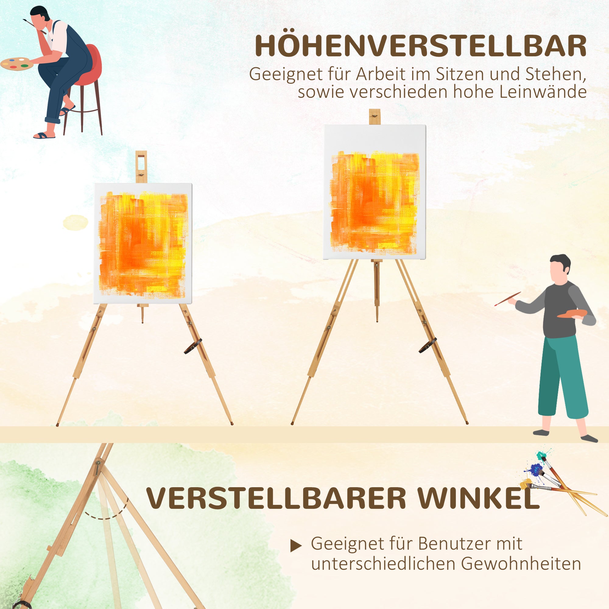 Easel - Foldable Tripod, Height-Adjustable up to 107cm - Beechwood