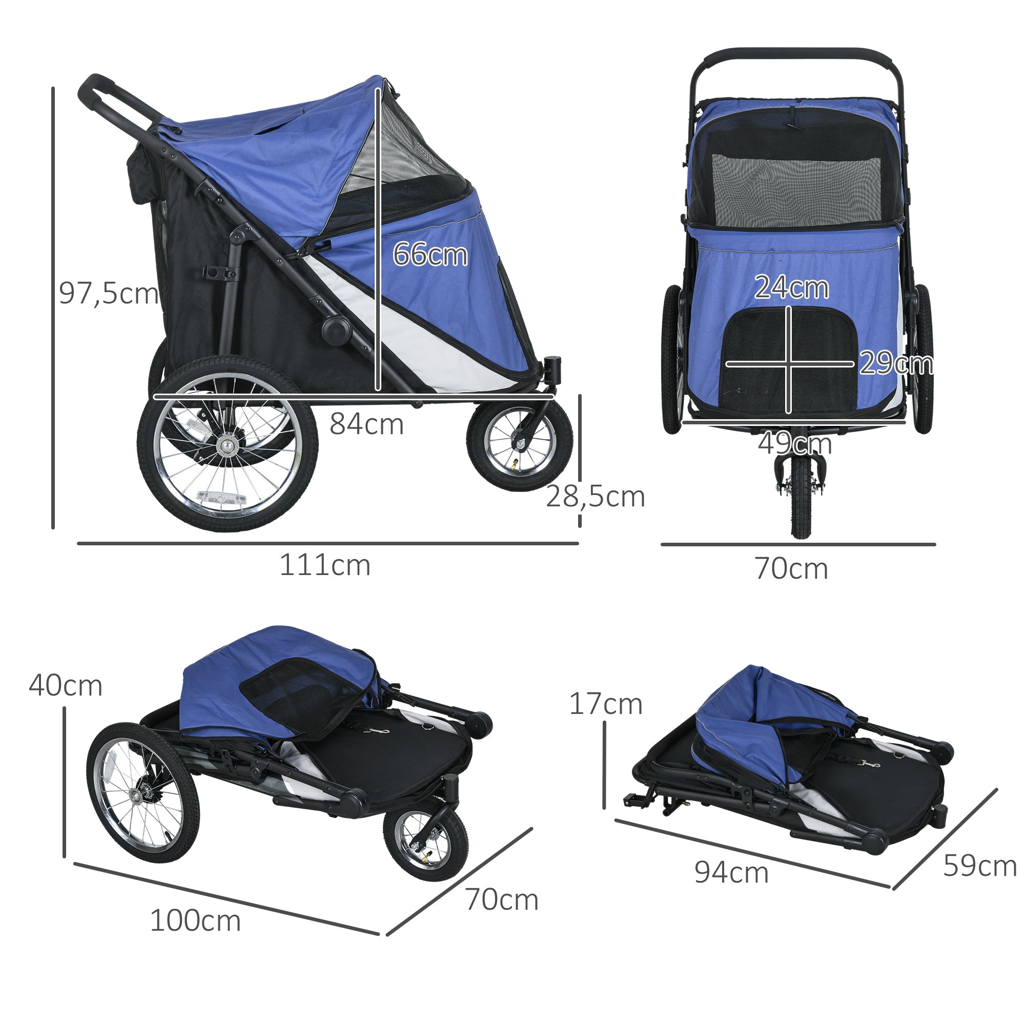 Dog Cart Foldable, Mesh Window, Large Wheels, Oxford Blue