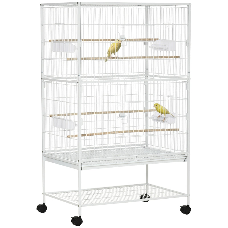 Large Bird Cage for Finch Canaries Parakeet with Rolling Stand, Slide-out Tray, Storage Shelf, Food Containers, White