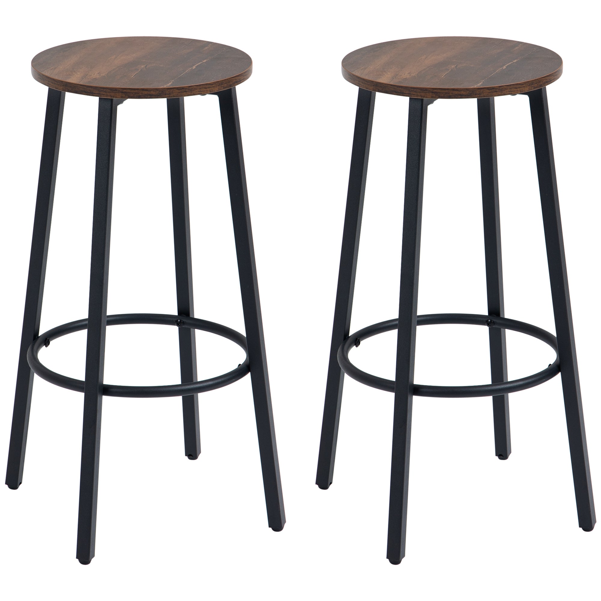 Bar Stool Set of 2, Industrial Design with Footrest, Metal Frame, Brown