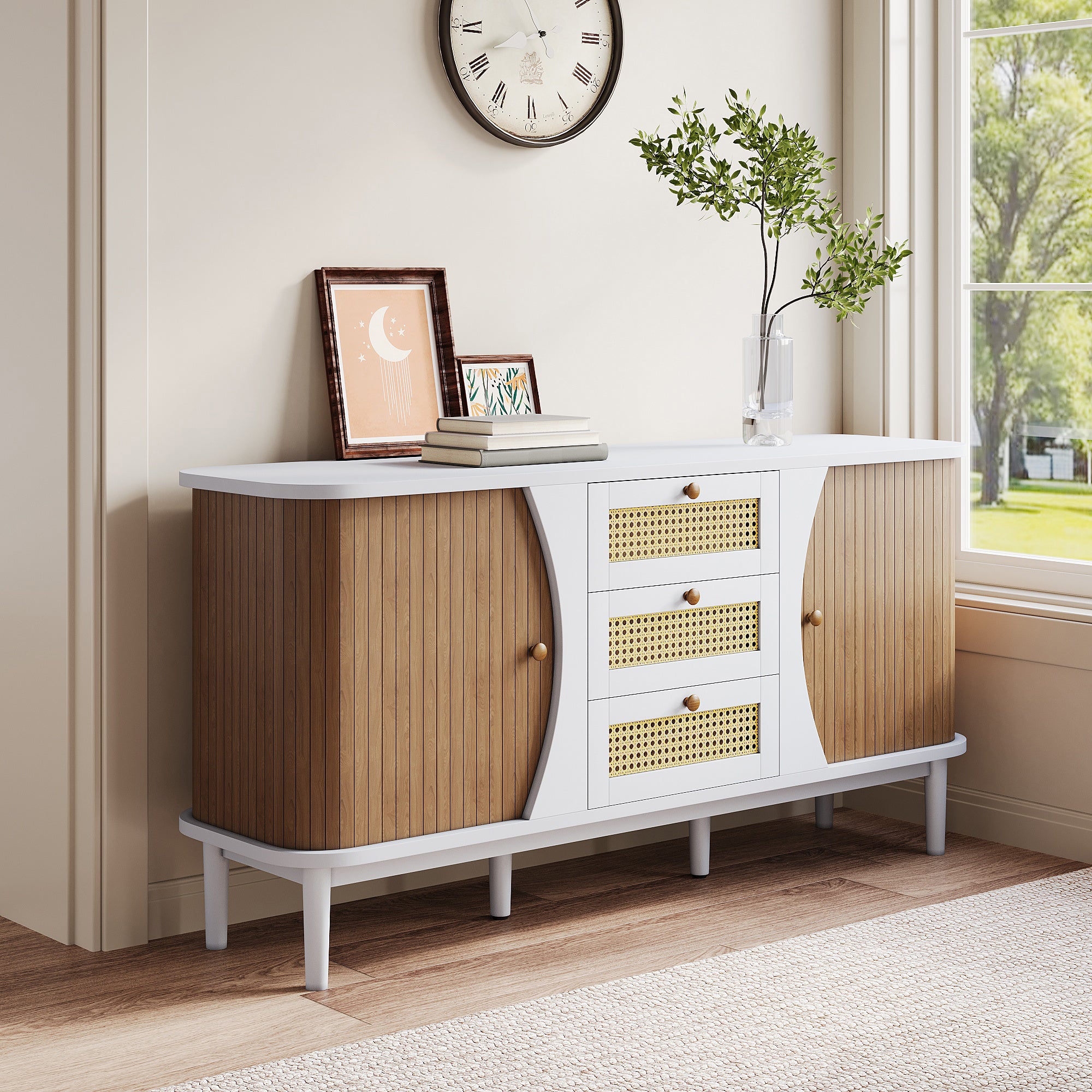 Sideboard Rattan Sliding Doors Adjustable Shelves - Curved Top