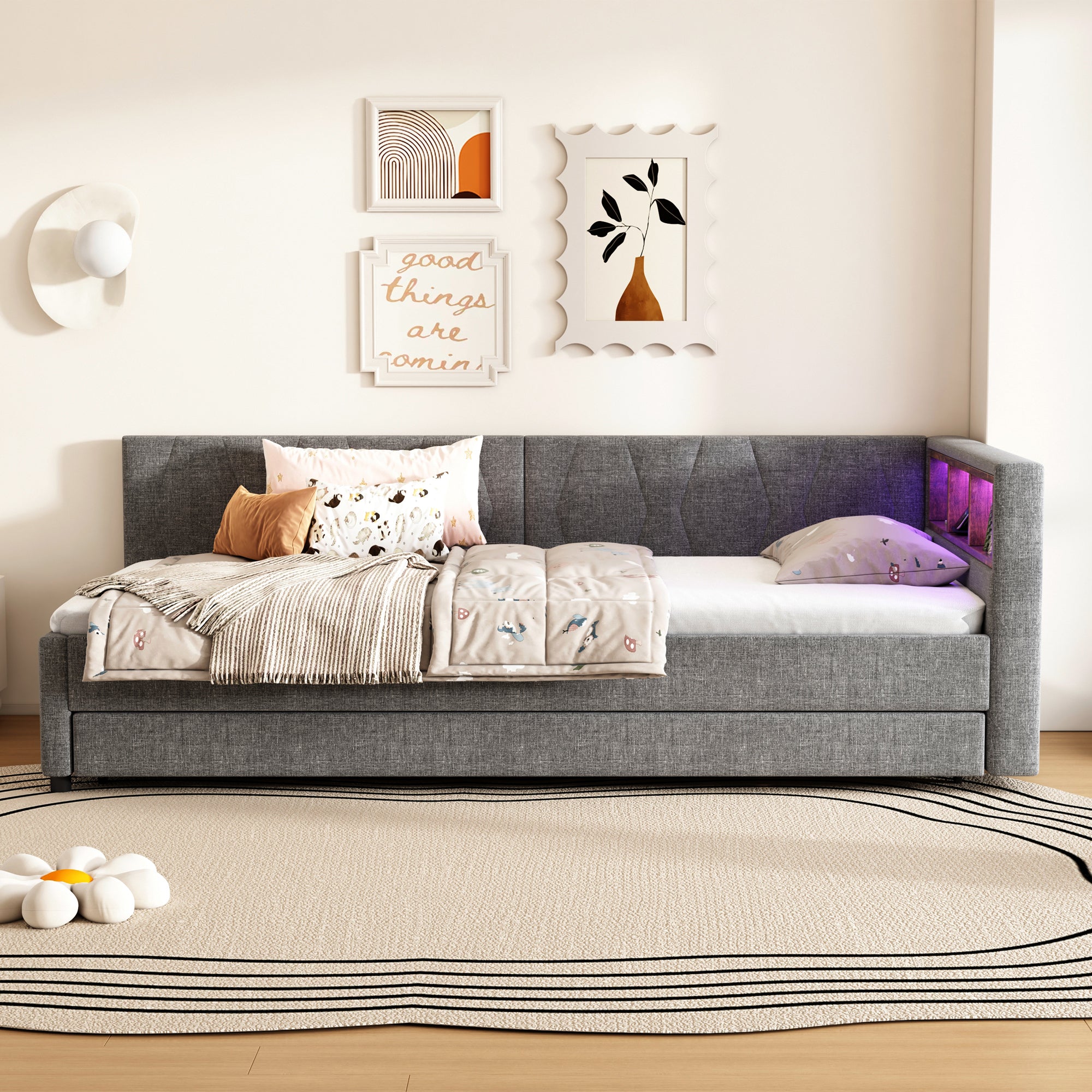 Daybed Sofa Bed 90x200cm Pull-out Bed Storage LED USB/Type-C - Linen Grey