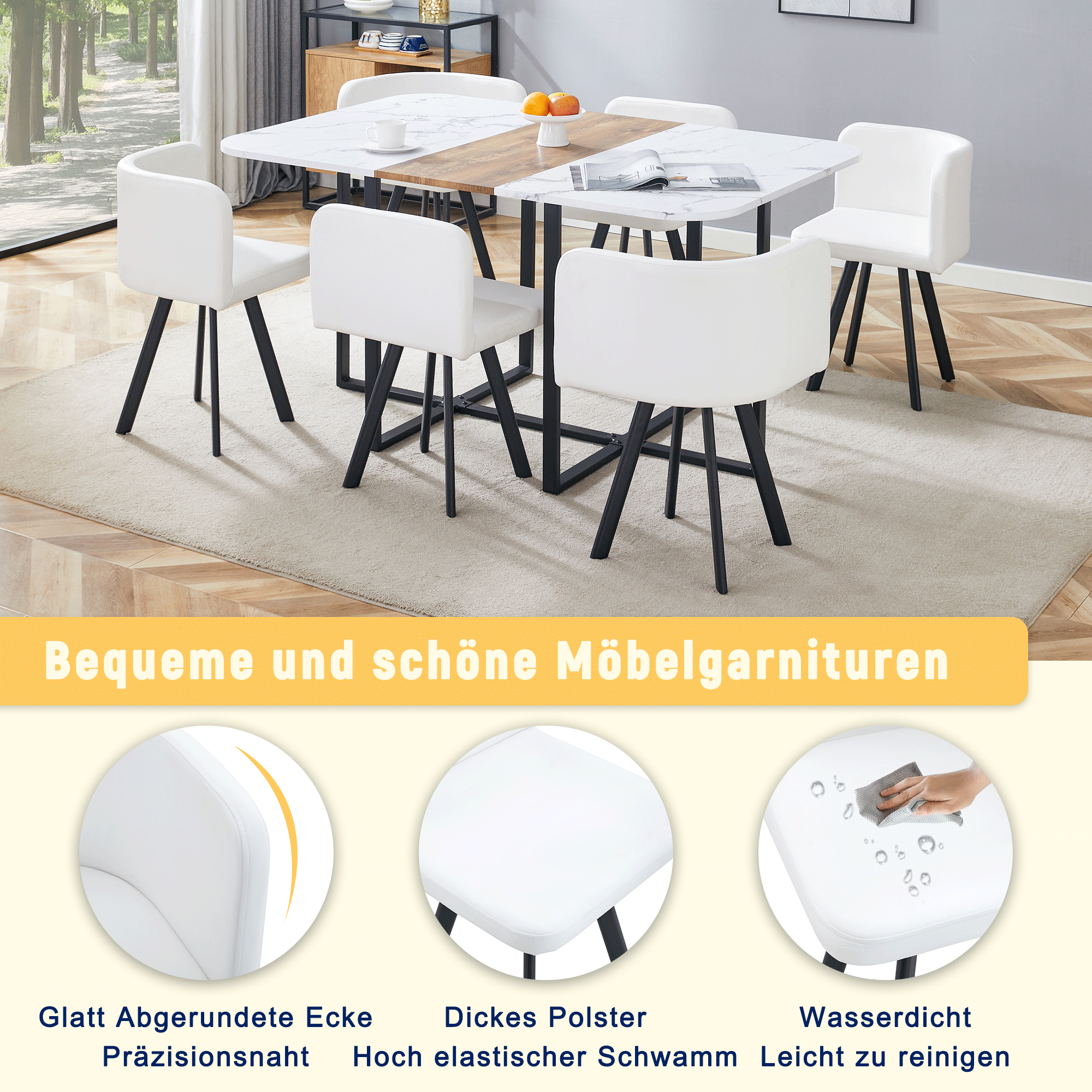 Dining Table Set Extendable Folding Table Chairs 4-6 Person White and Black