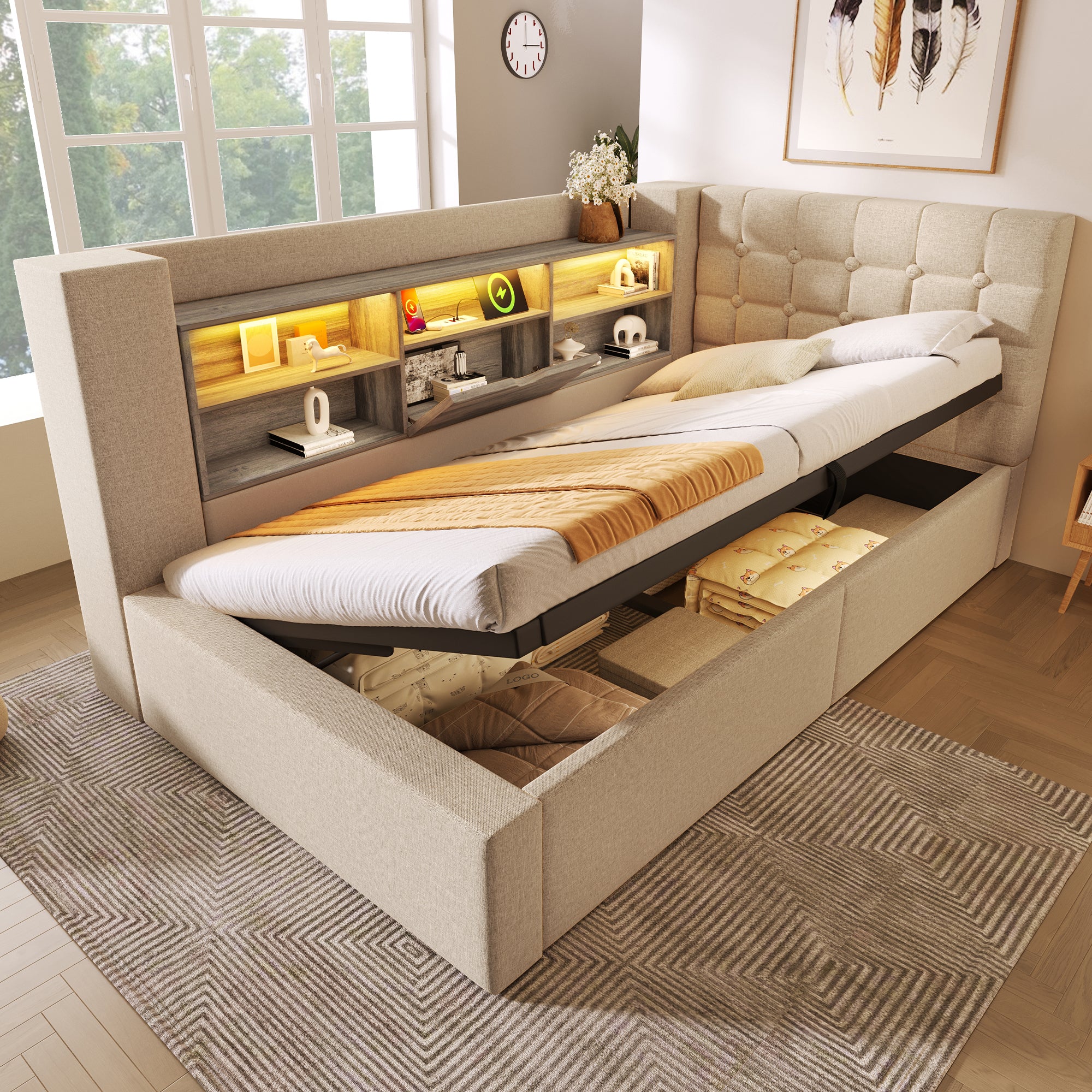 Upholstered Single Bed 90x200cm LED Lighting Hydraulic Storage L-Shaped Headboard Linen Beige