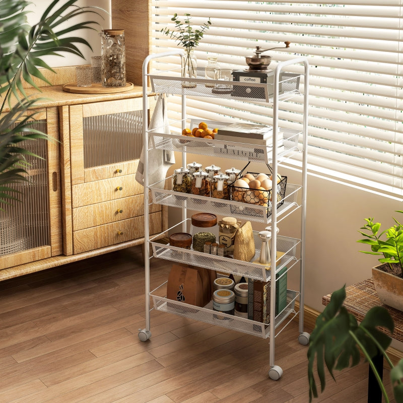 Storage Trolley 5-Tier Mesh Basket with Wheels, White Steel