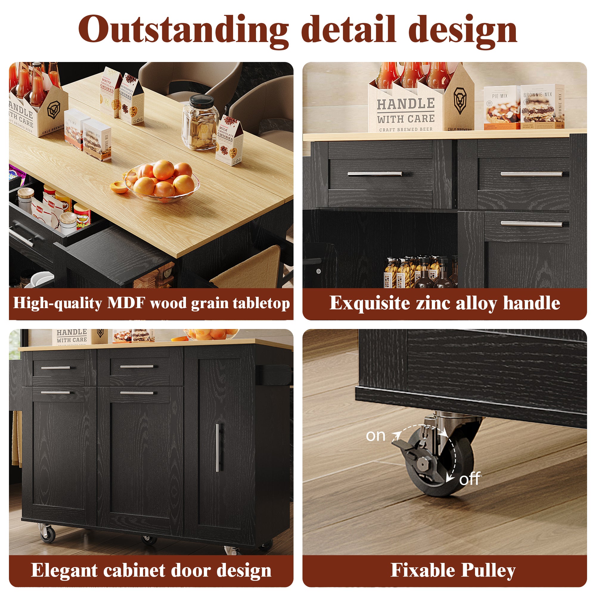 Mobile Kitchen Island Dining Table Extendable Storage - Wood Grain Black