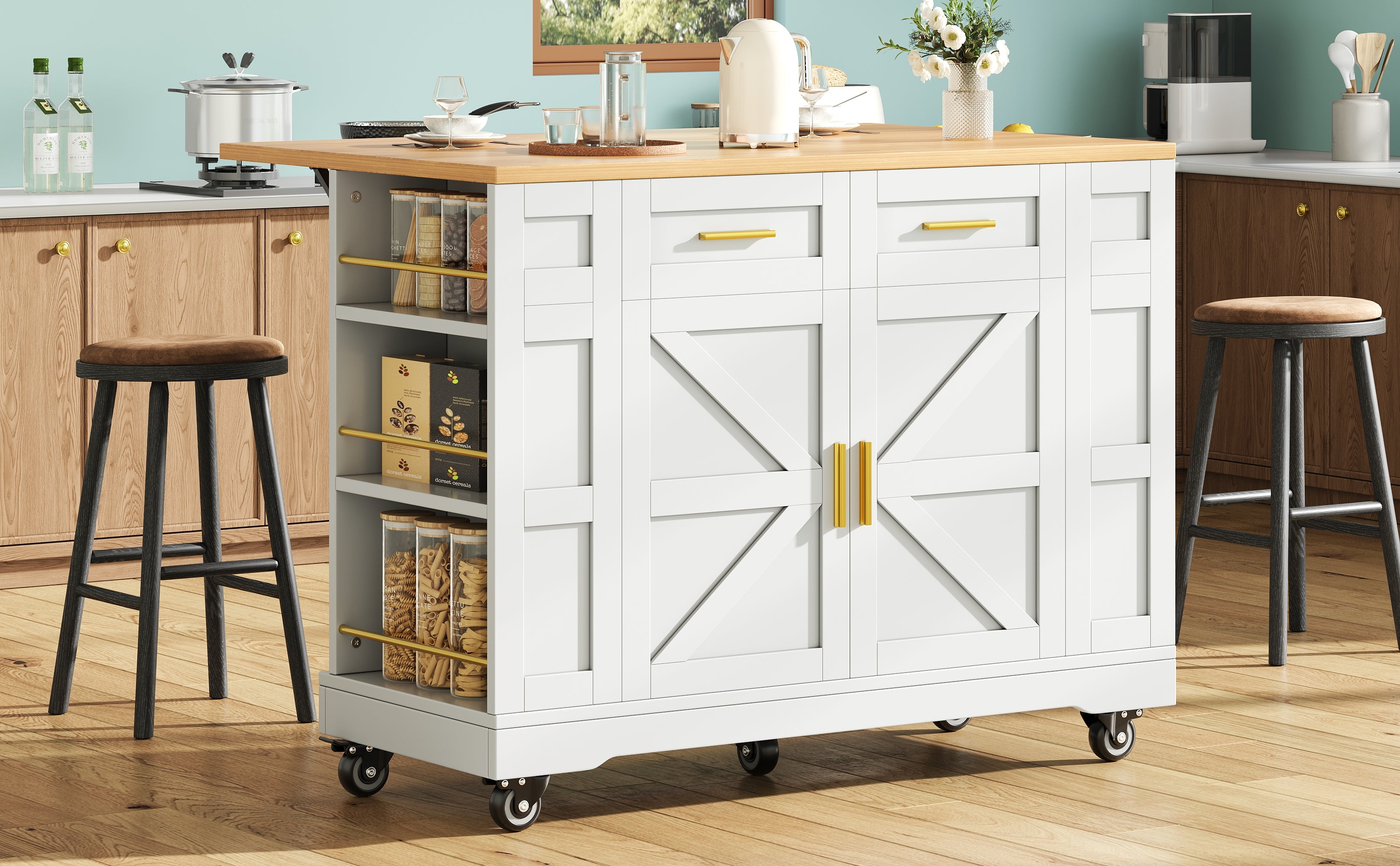 Kitchen Island Extendable Dining Table Storage Wood Grain - White