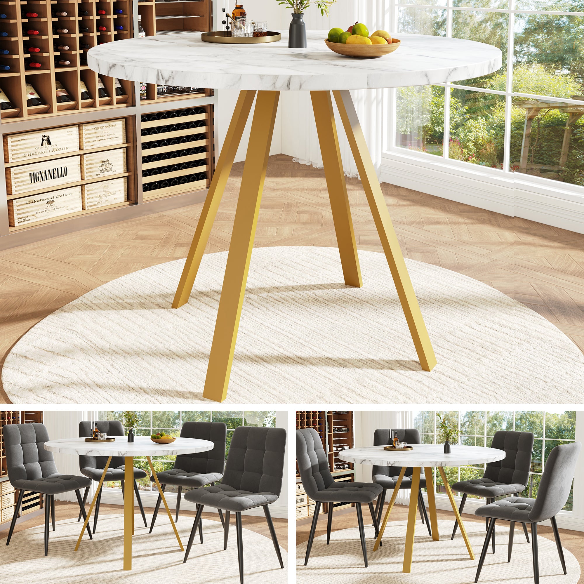Round Dining Table 80x80x75cm 4-Seater Metal Legs - White Marble/Gold