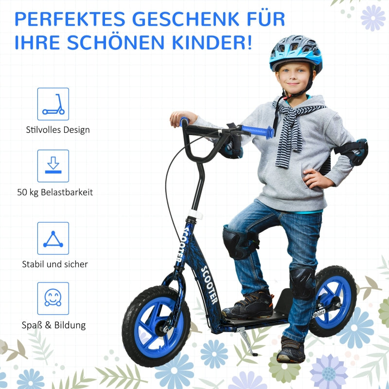 Children's Kick Scooter with Height-Adjustable Handlebar, Brake and Stand, Blue Steel