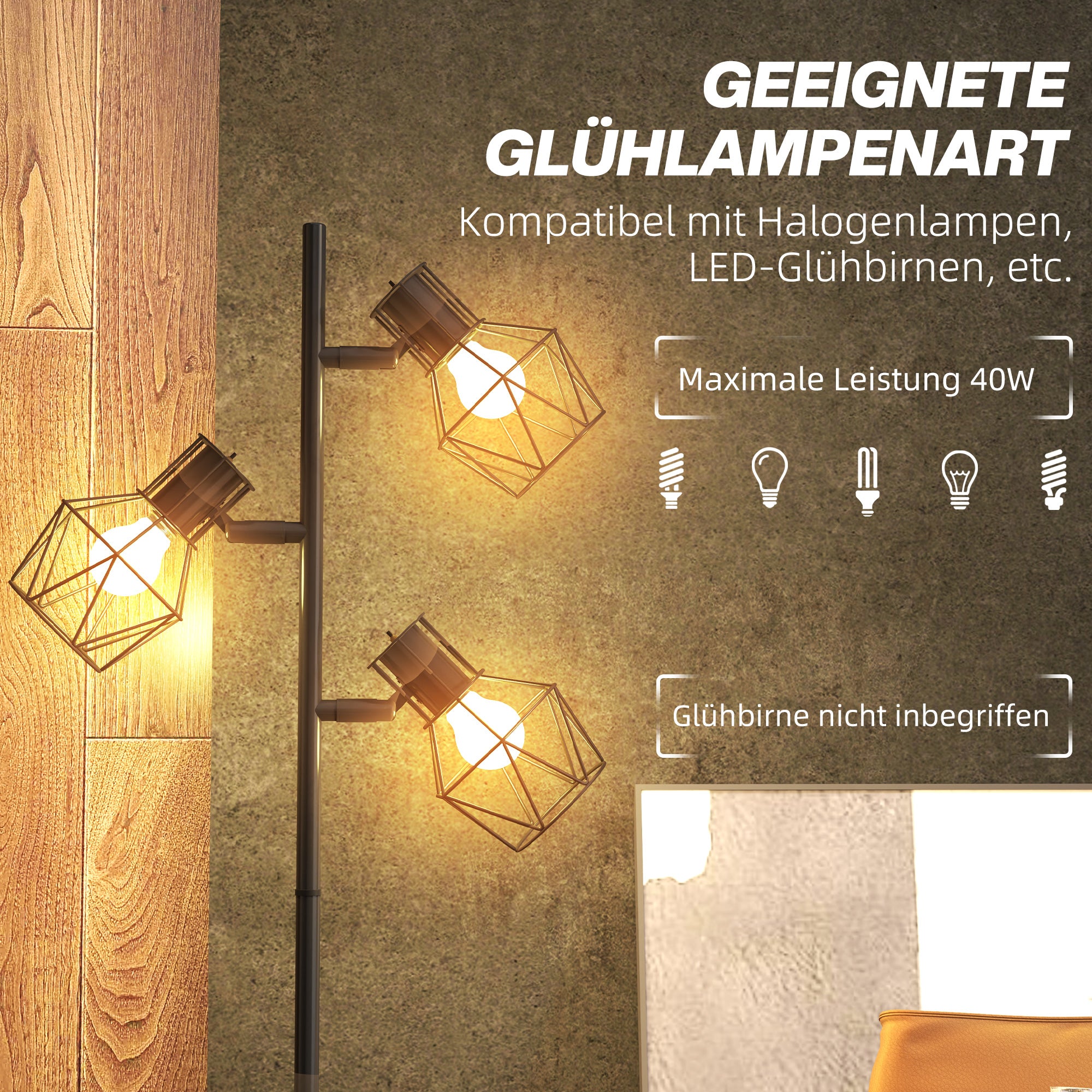 Floor Lamp, 3 E27 Sockets 40W Adjustable Flames 169cm, Black Metal
