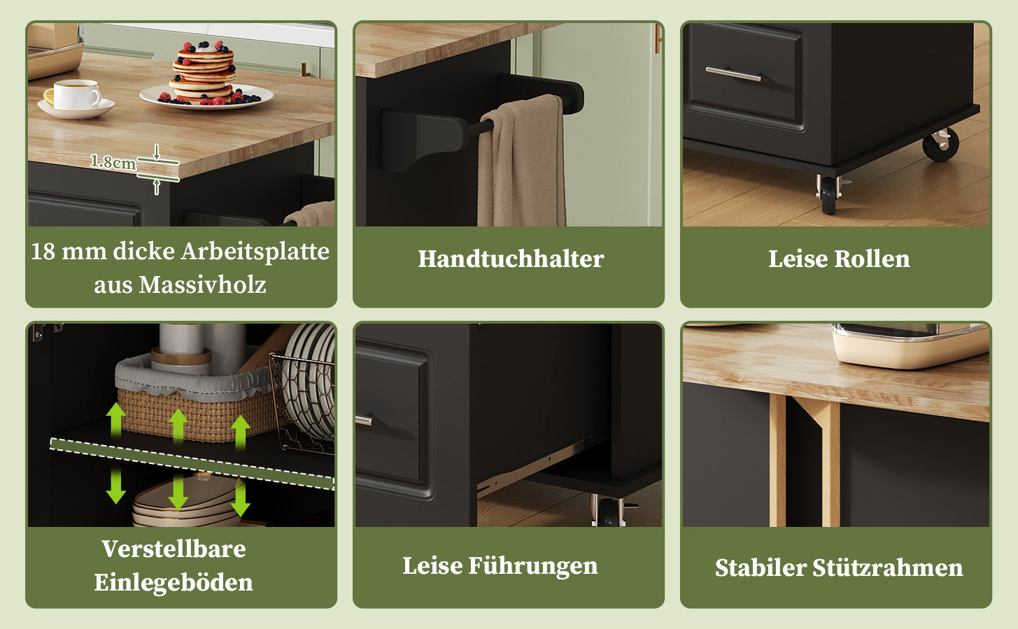 Mobile Kitchen Table with Foldable Worktop and 3 Drawers, Oak Look