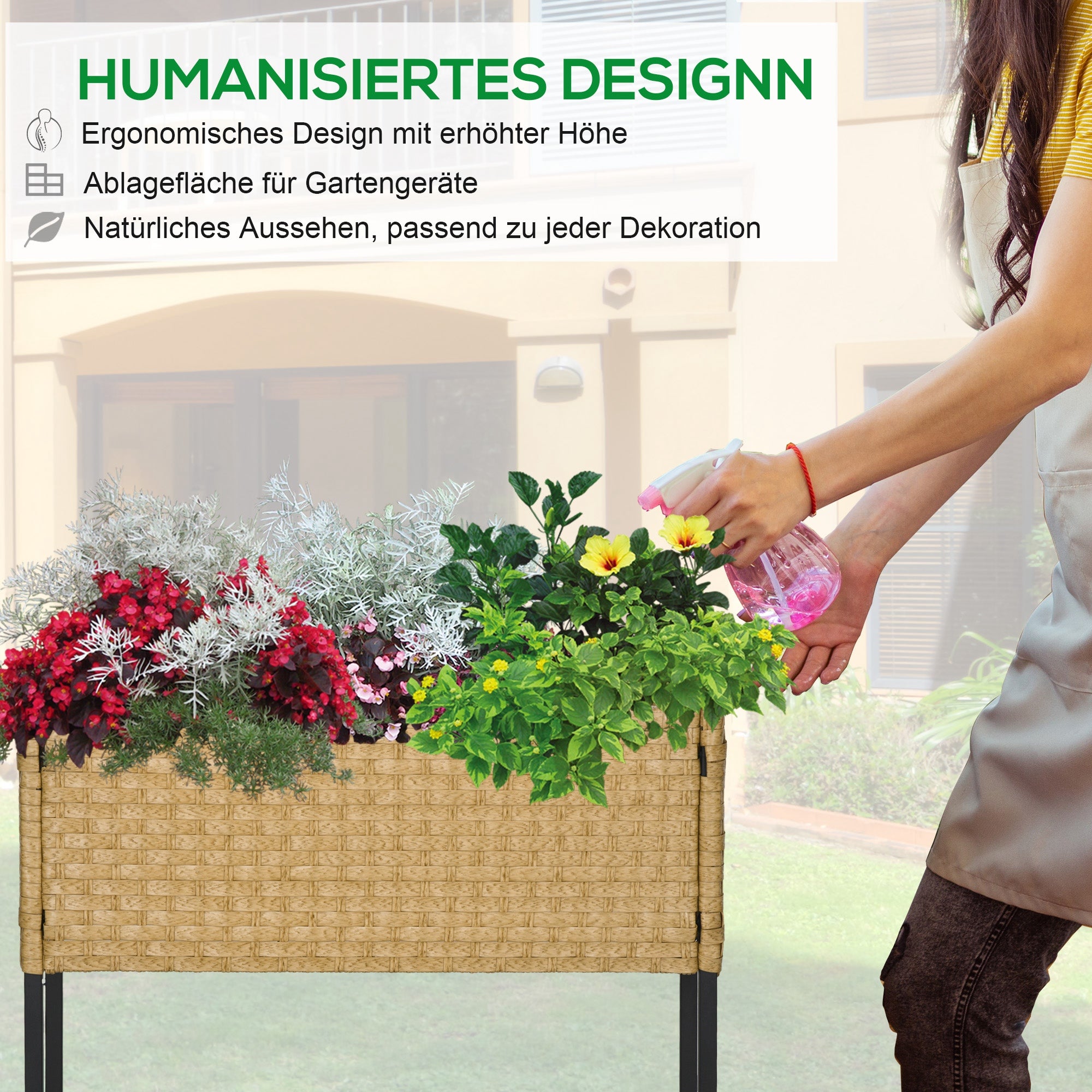 Raised Bed Flower Box, with Feet & Shelf, 70x30x72 cm, Poly Rattan, Sand-Colored