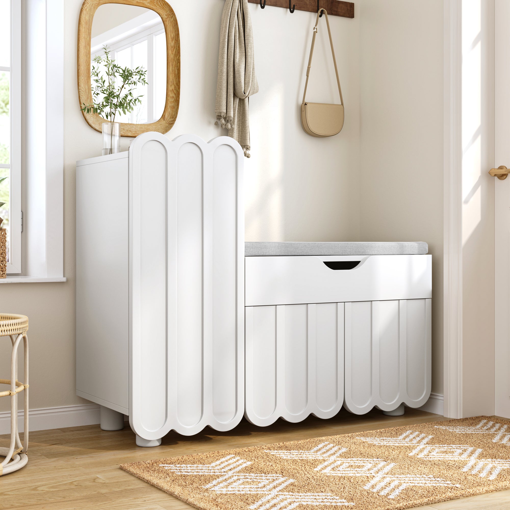 Modern 3-door shoe cabinet with drawer and seat cushion, white