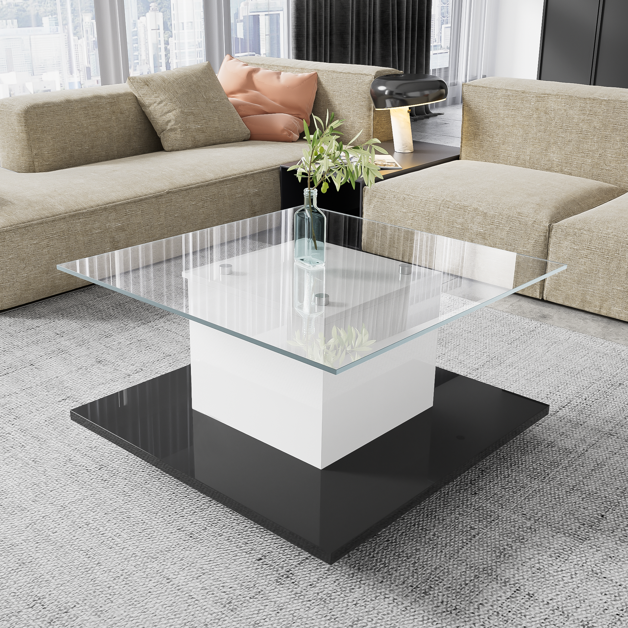 Coffee Table, High-Gloss Glass with Swivel Wheels