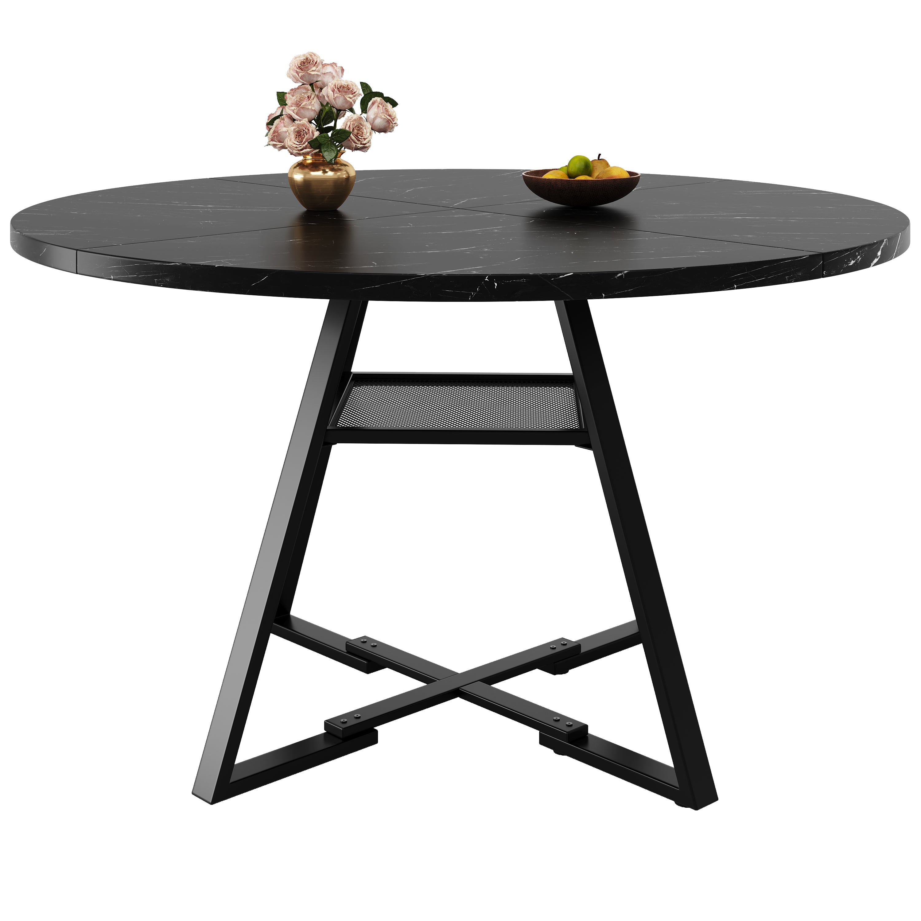 Round Dining Table, Kitchen Breakfast Table Metal Legs, Marble Look Black/White