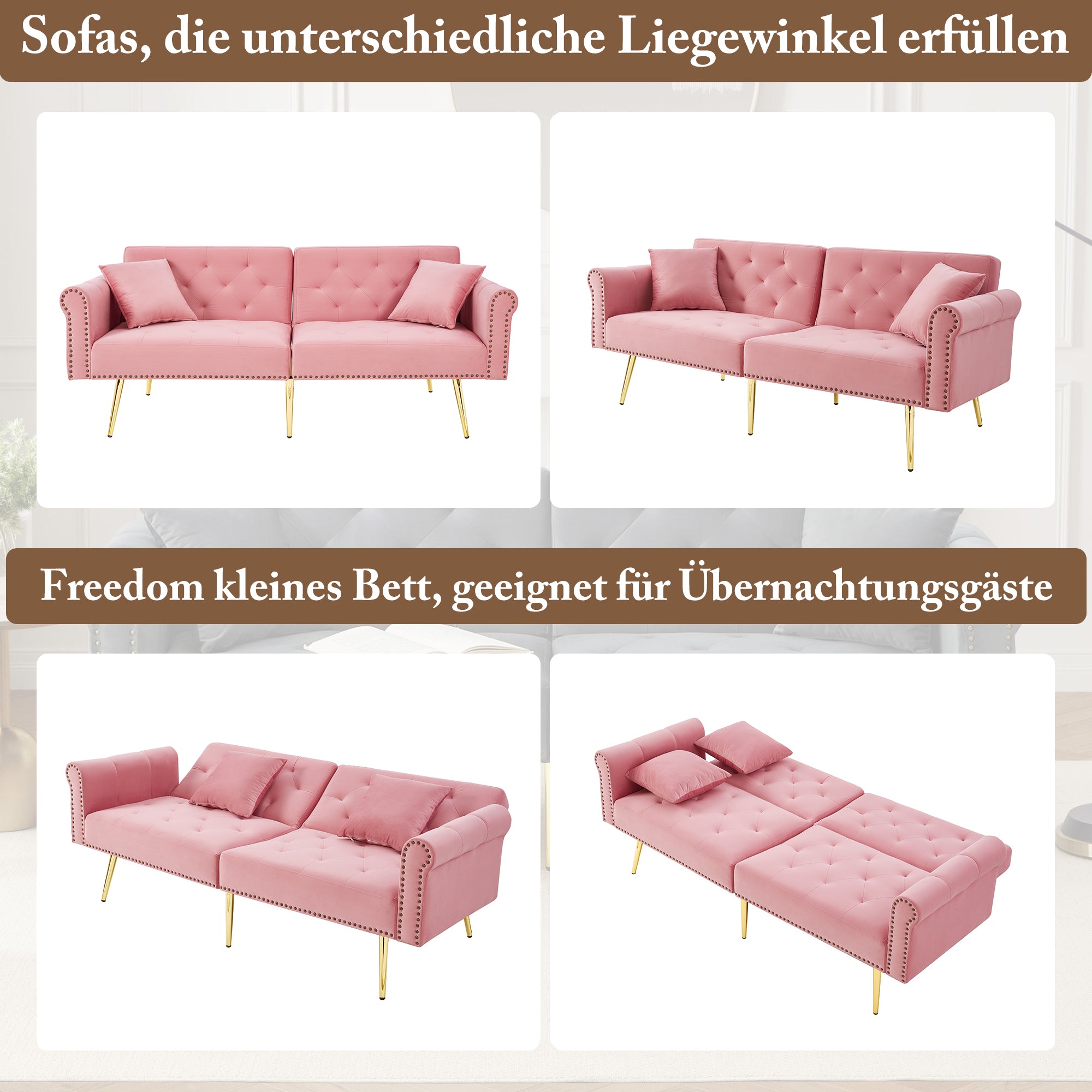 Sofa Bed, 2-Seater with 3-Level Adjustable Backrest & Gold-Plated Metal Feet, Velvet