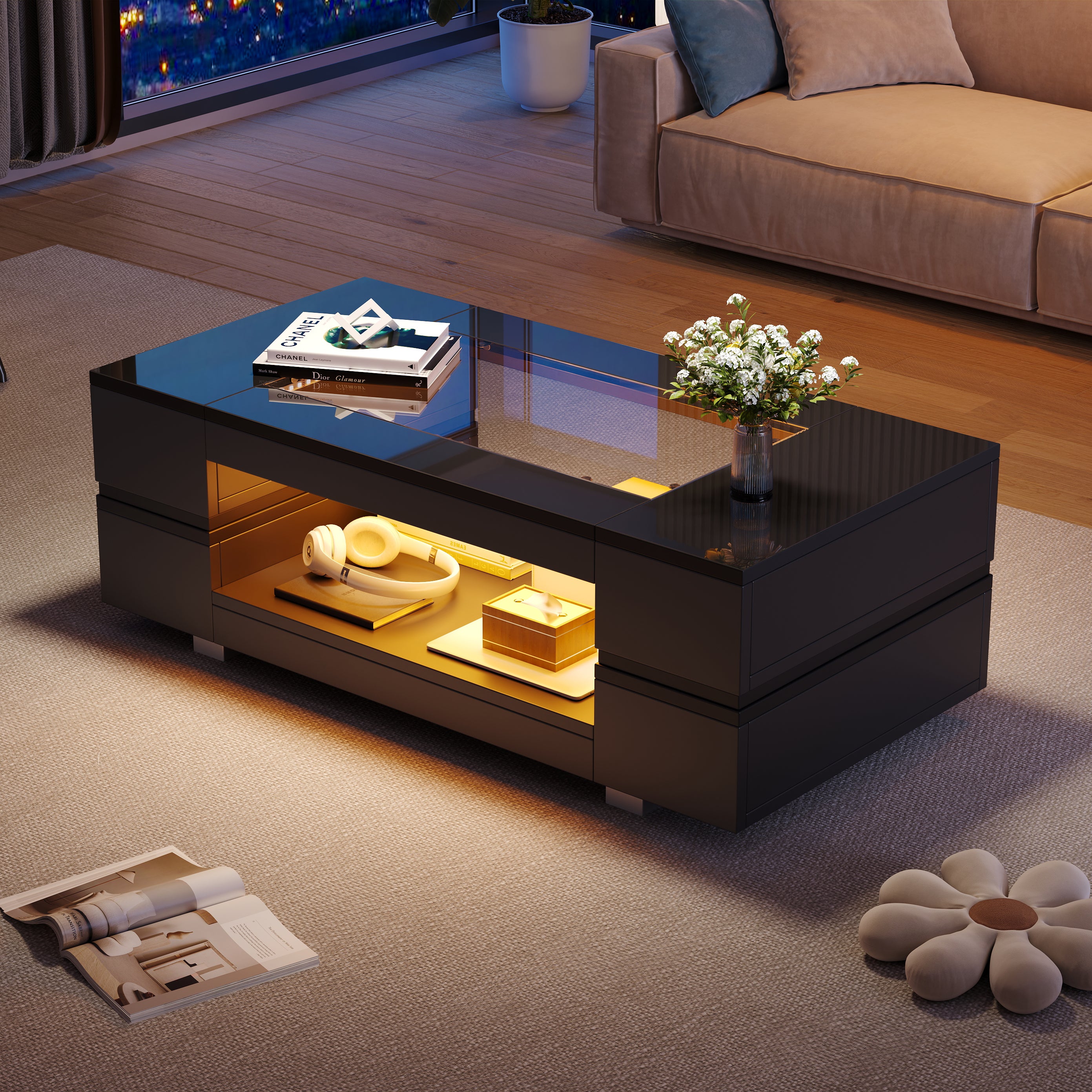 LED Coffee Table with Bluetooth App Control, Double-Layer High-Gloss, Black