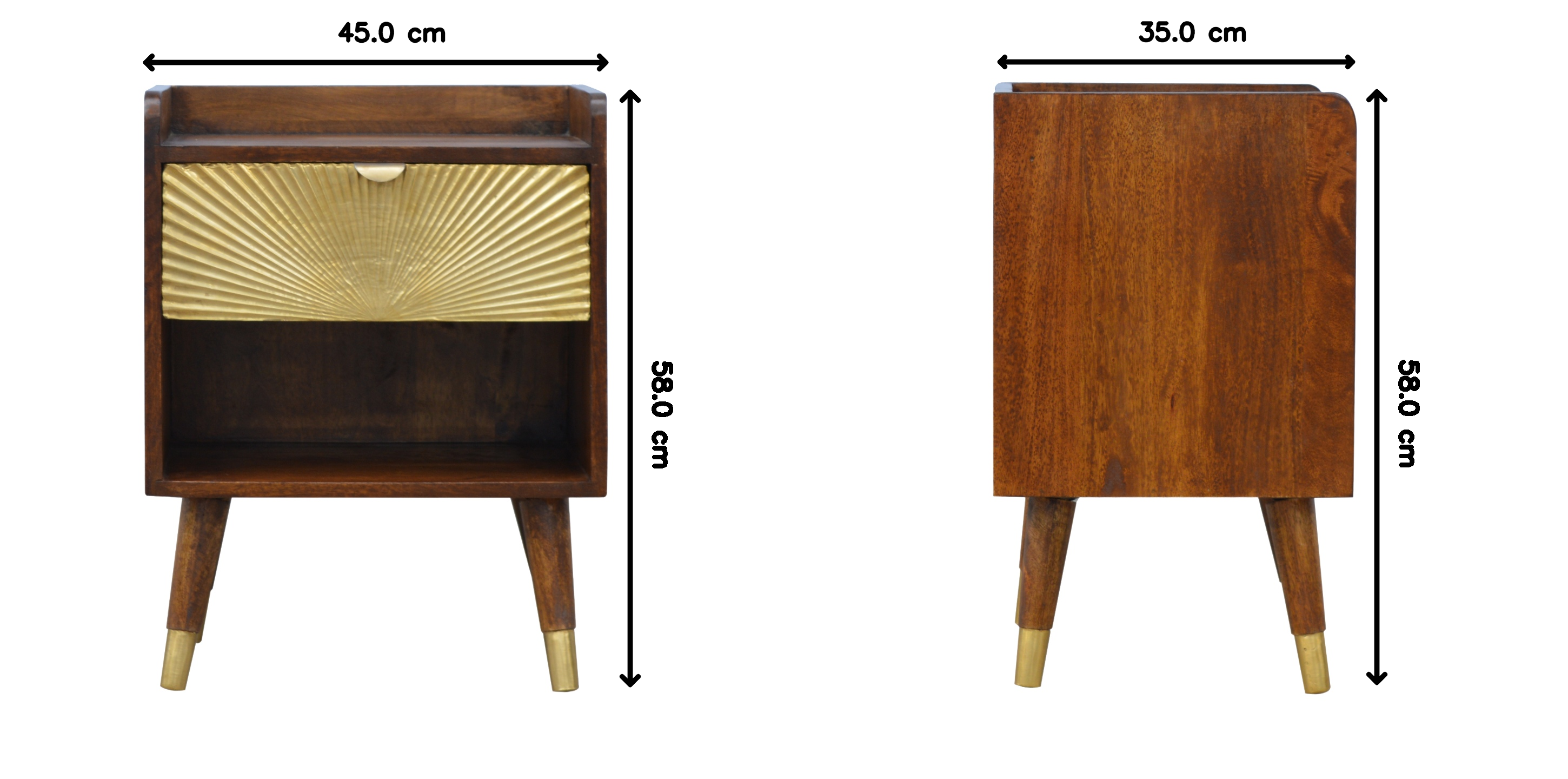 Solid Wood Manila Gold Bedside, One Drawer, 1 Shelf, Dark Brown & Golden