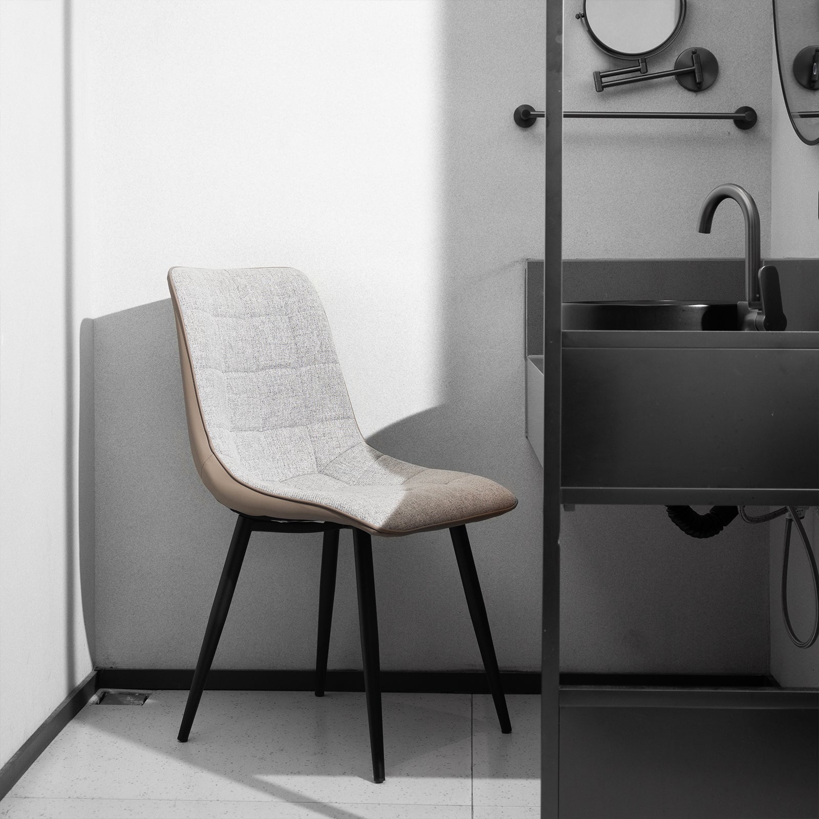 Set of 2 Upholstered Dining Chairs, Metal Frame, Linen Fabric and Faux Leather