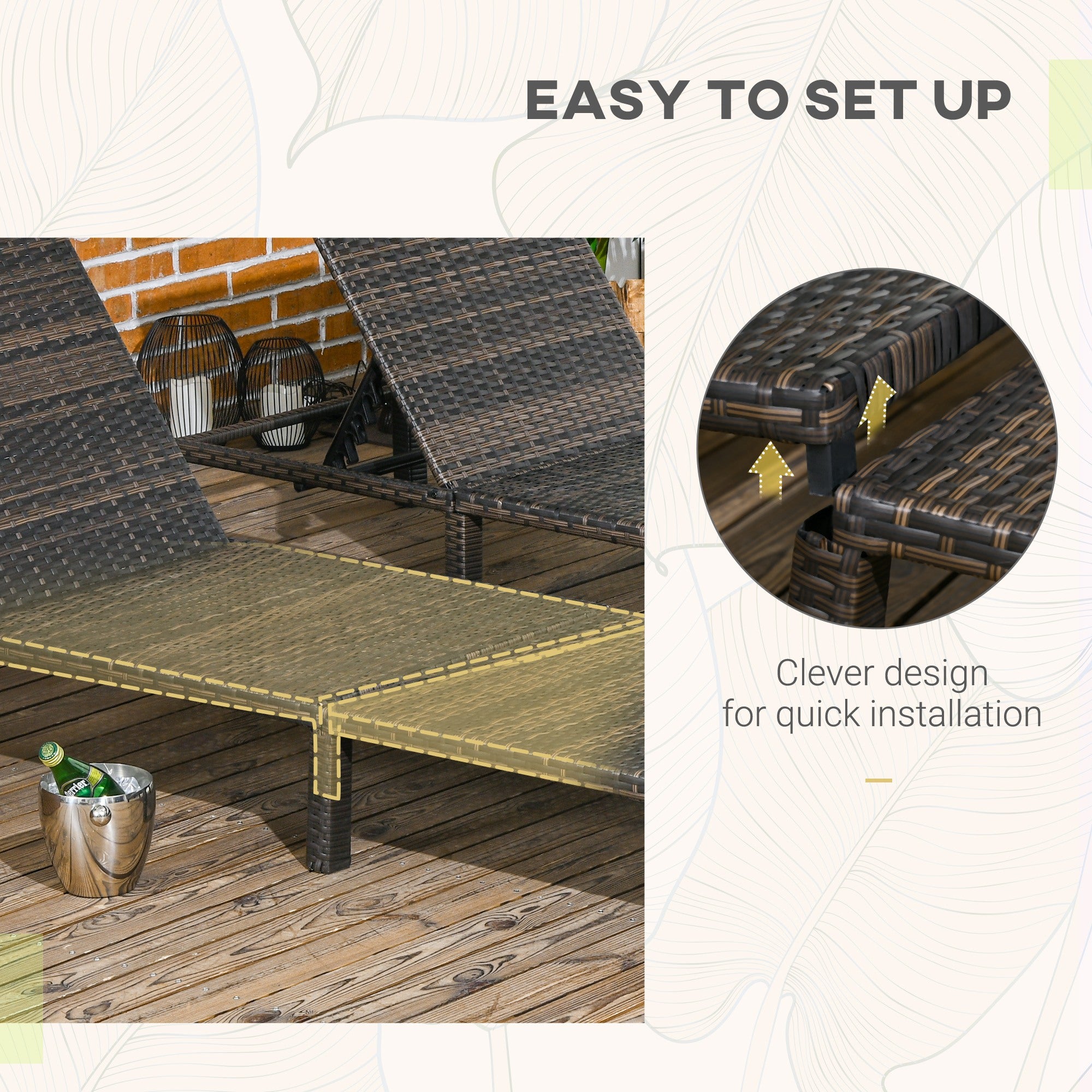 Set of Two Reclining Sun Loungers with Cushions, Rattan, Brown/Cream